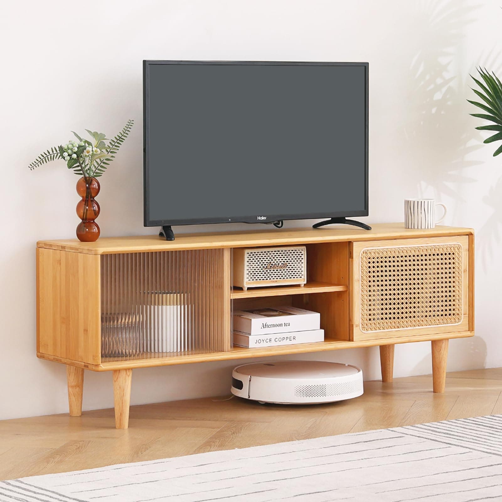 Tiita Rattan TV Stand for 55 Inch TV, Bamboo TV Cabinet with Adjustable Shelf and Storage, Boho Entertainment Center, Mid Century Modern Media Console for Bedroom, Living Room, Study (Natural)