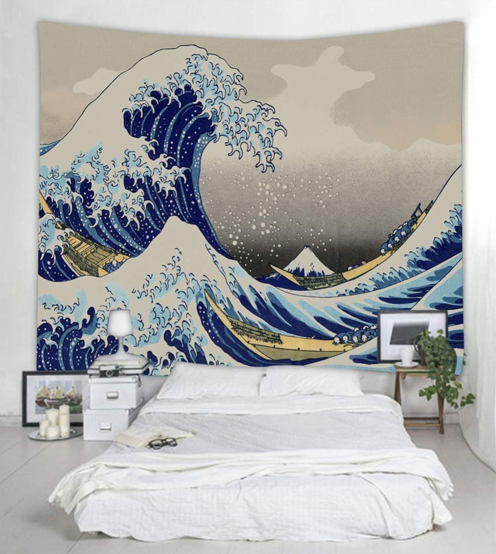 UHUSE Tapestry Wall Hanging, Blue Ocean Great Wave Kanagawa Big Tsunami Nautical Pattern Tapestries Living Room Bedroom Dorm Decor in 59 x79 Inch