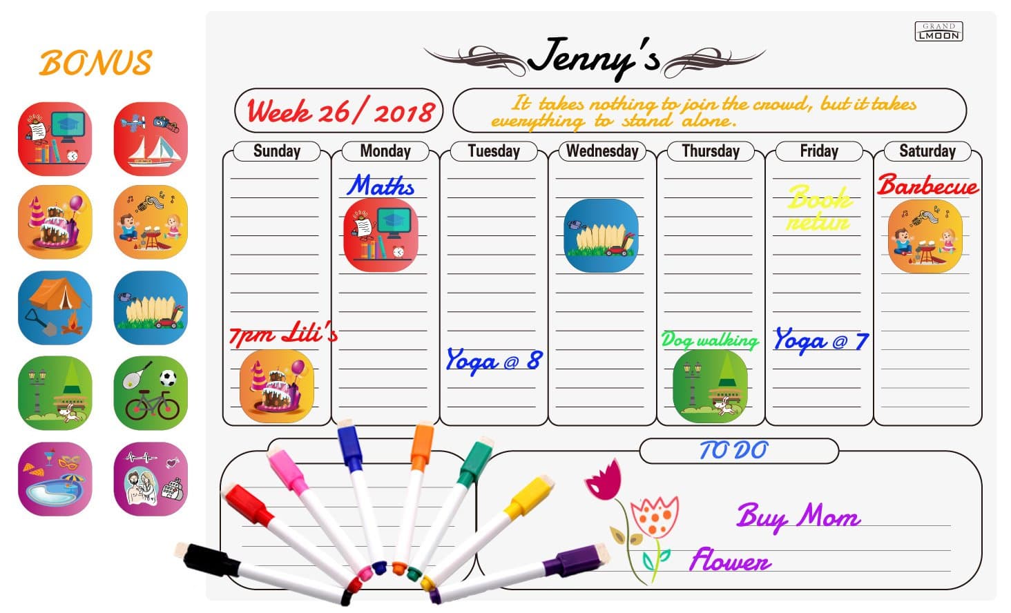 Magnetic Weekly Whiteboard Calendar Dry Erase Weekly Planner Message Board for Fridge Bonus 8 Markers and 10 Illustrated Event Magnets, 16"X12" White …