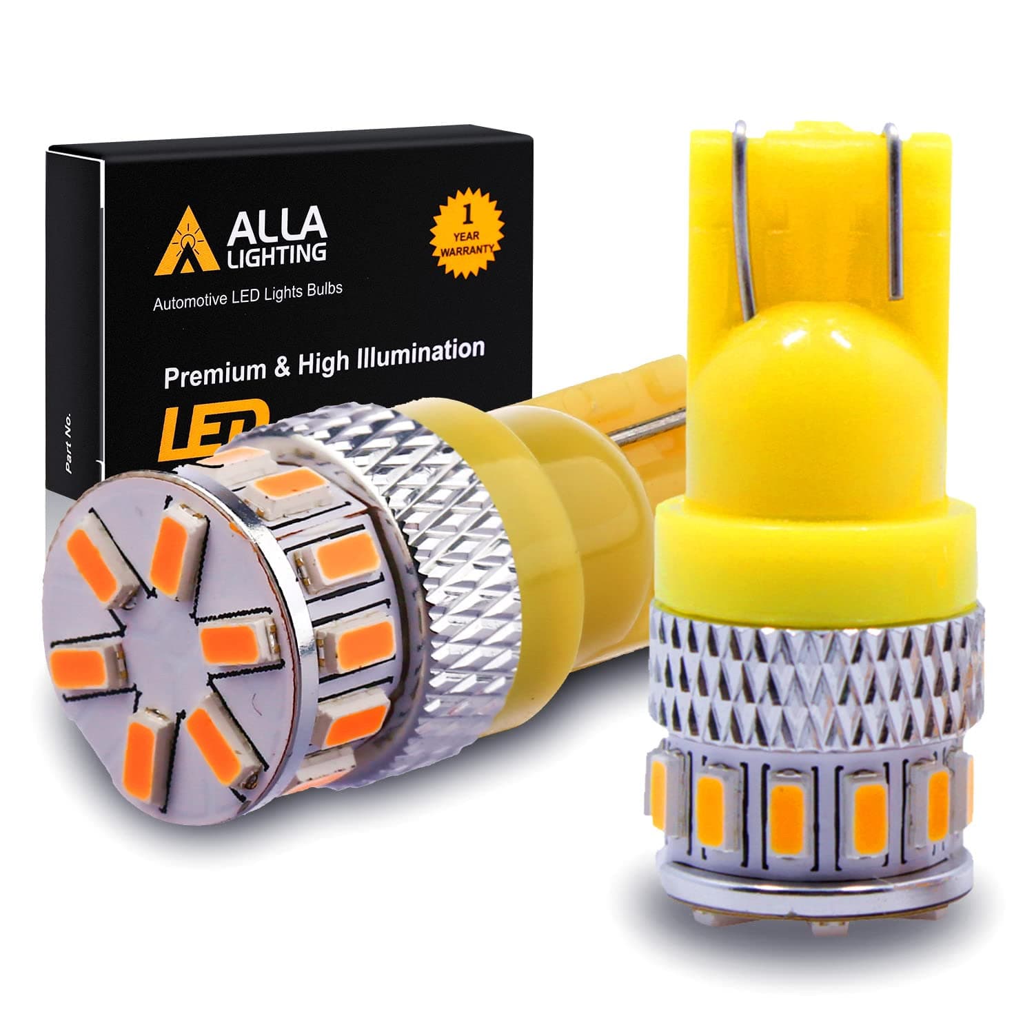 Alla Lighting Amber Yellow 194 168 2825 175 192 W5W LED T10 Wedge Super Bright High Power 3014 18-SMD LED Lights Bulb for License Plate Interior Map Dome Side Marker Light