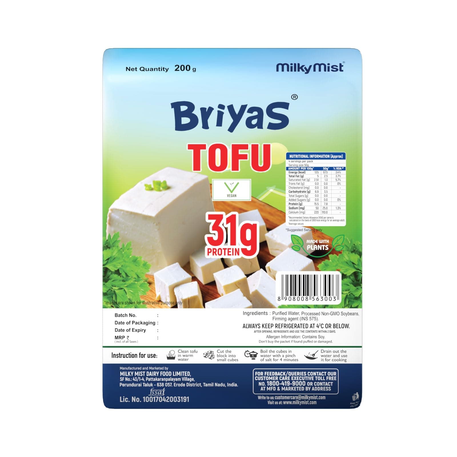 Briyas Milky Mist Tofu Paneer,200 G