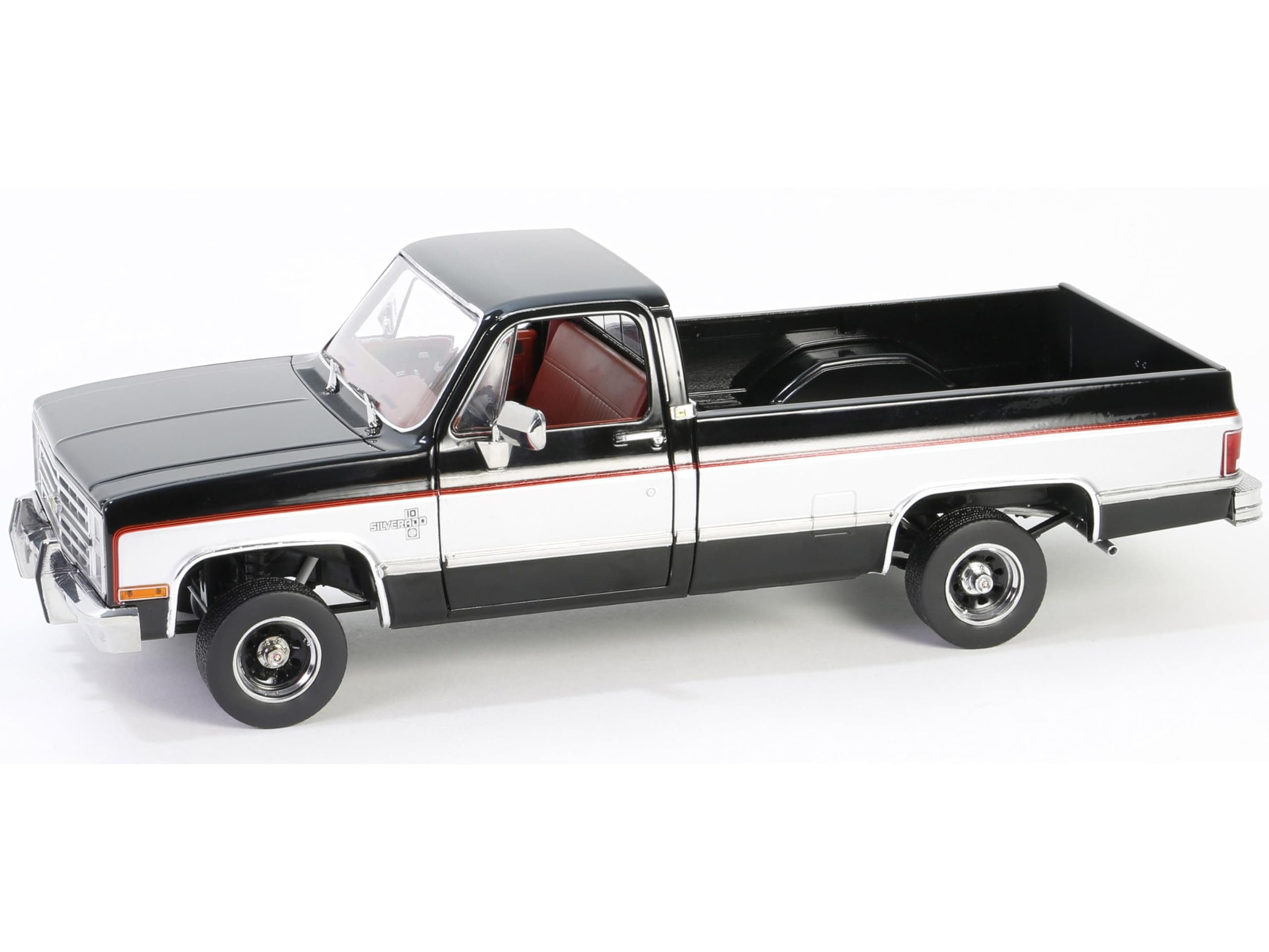 1986 Chevy K10 Silverado Pickup Truck Midnight Black and Steel Gray Metallic with Red Interior 1/18 Diecast Model Car by Greenlight 13687