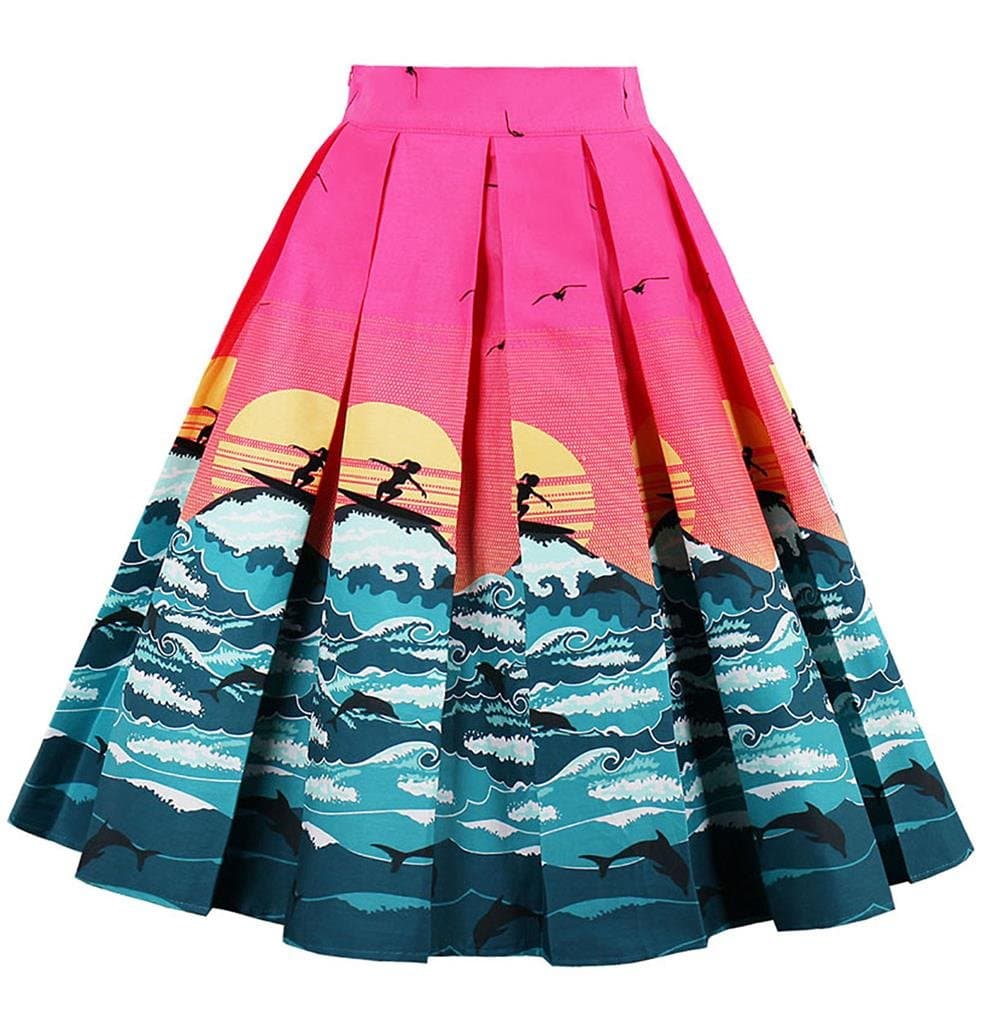 Changuan Women's A-line Pleated Vintage Skirt Print Casual Flared Midi Skirts Floral-4-Medium