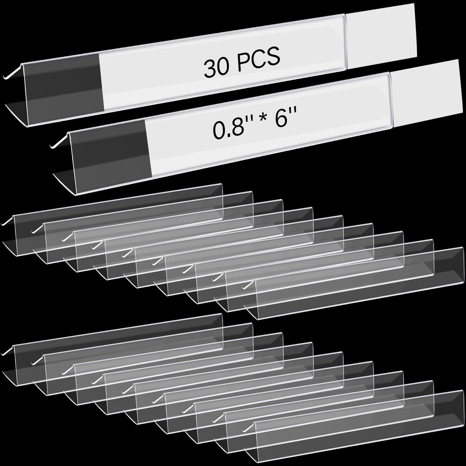 Teling 30 Pieces Shelf Label Holder, Clear Plastic 0.875'' x 6'' Shelves Clip Wood Tags Ticket Sign Label Metal Holders for 0.75'' Thick Shelves Includes Matched Blank Inserts Offices Libraries