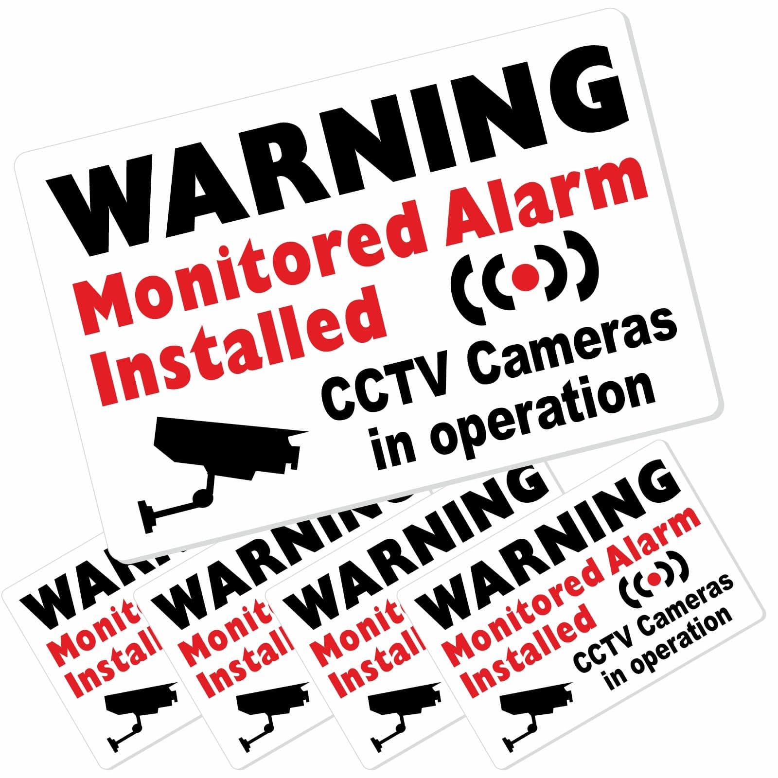 5 x Monitored Alarm System Installed and CCTV Video Recording Camera-RED onto WHITE-50mm-Security Warning-External-Mini Labels Vinyl Signs