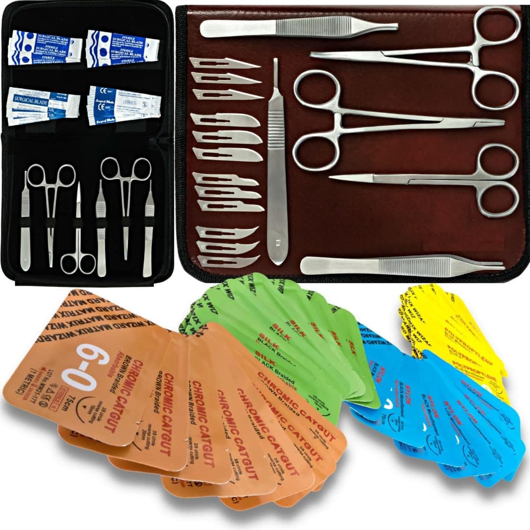 Sterile Sutures Thread with Needle Plus Tools: Extra Large Mixed Dissolvable and Non-Dissolvable Suture 47 Units - Camping Hiking First Aid Demo, Surgical Wound Closure (Training and Vet Use)