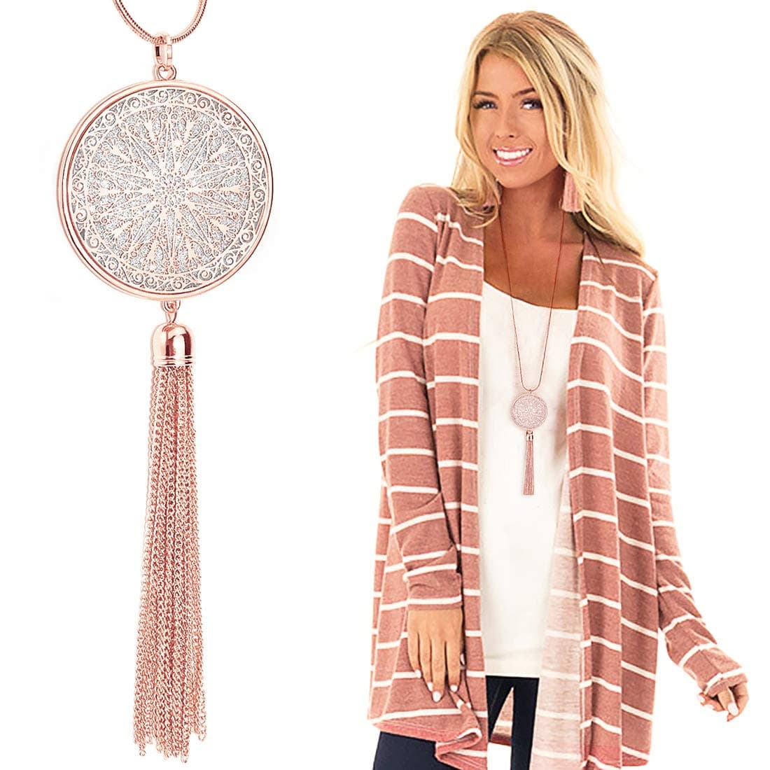 SuyiLong Tassel Necklace Hollow-out Disk Circle Heart Sweater Chain Y Pendant Necklace for Women