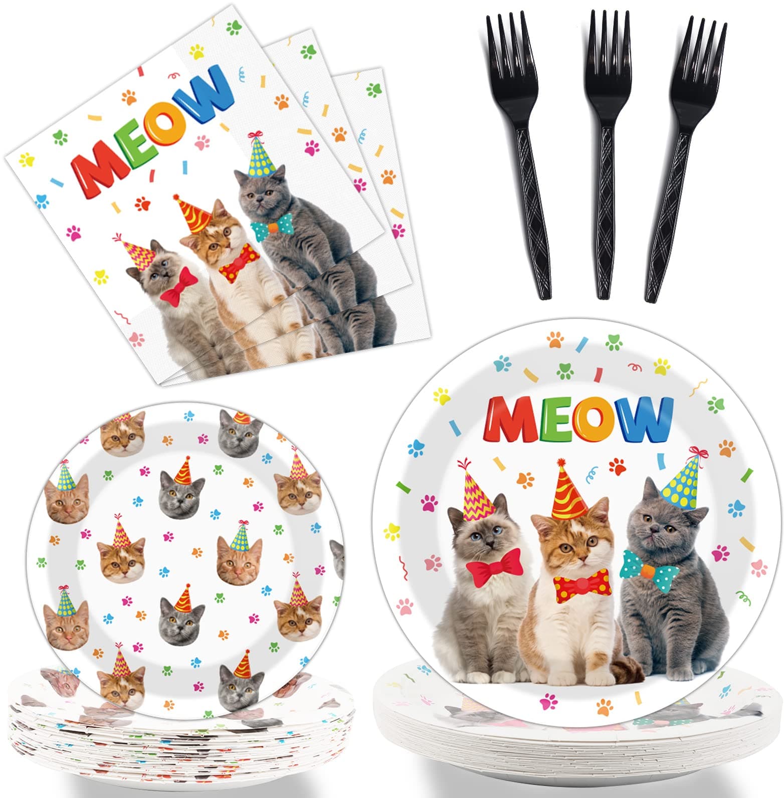 gisgfim 96 Pcs Cat Party Plates and Napkins Party Supplies Kitten Party Tableware Set Cartoon Cute Cat Party Decorations Favors for Girls Boys Birthday Baby Shower Serves 24