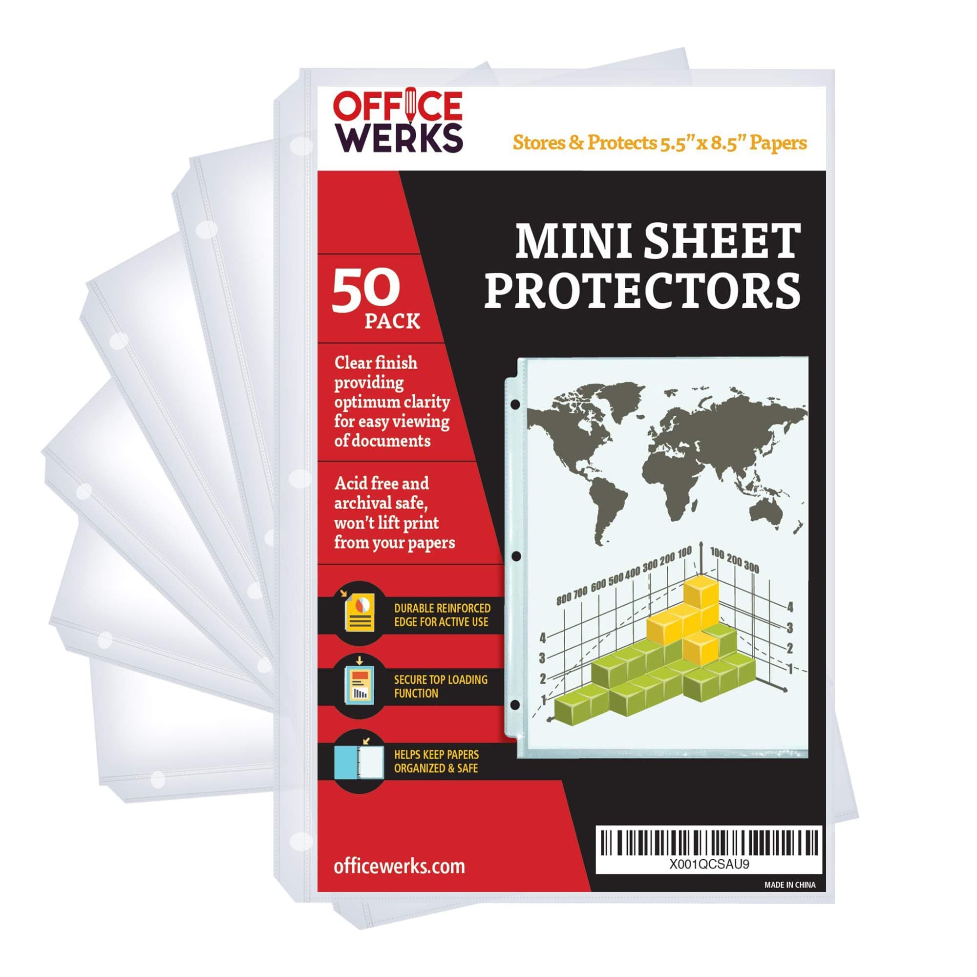 OfficewerksHeavyweight Clear Mini Sheet Protectors Holds 5.5 x 8.5 Inch Sheets, Fits a 3-Ring Binder, Crystal Clear and Acid-Free with Reinforced Holes, Top Loading, Archival Safe (50 Pack)