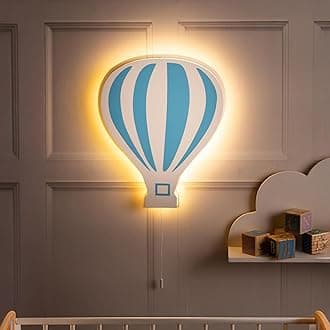 Marco Paul Blue Hot Air Balloon Wooden White LED Night Light ‎Battery Powered Night Light Kids Room Decor Wall Lights Wall Mounted Nursery Bedside Lamp Baby Gifts Bedroom Decor Lighting