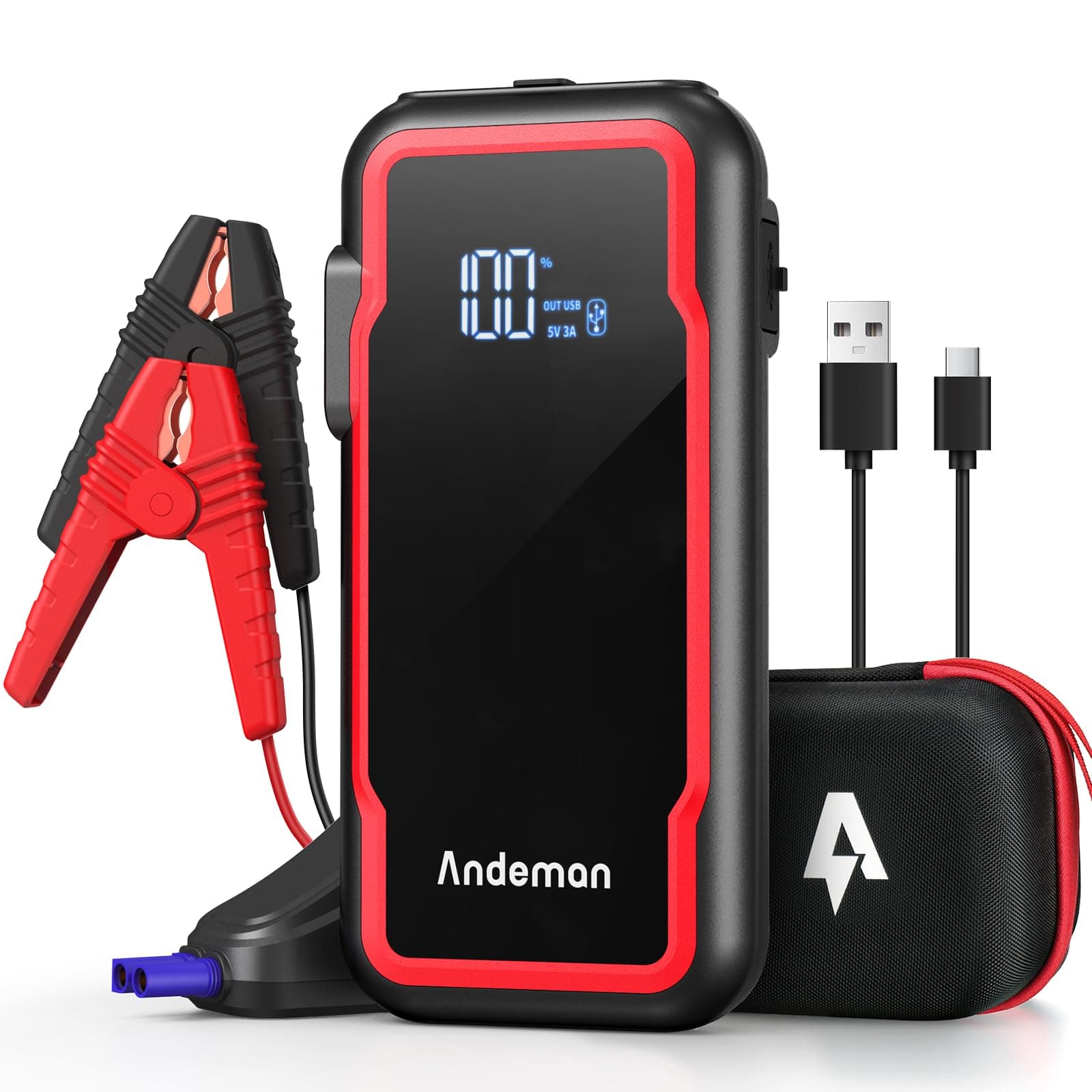 Andeman Car Jump Starter 3000A Peak 20000mAh (Start 9L Gas Engine or up to 7L Diesel Engine) Battery Charger Automotive, 12V Car Jumper, Power Bank Power Pack with Quick Charge Type-C Ports, Red