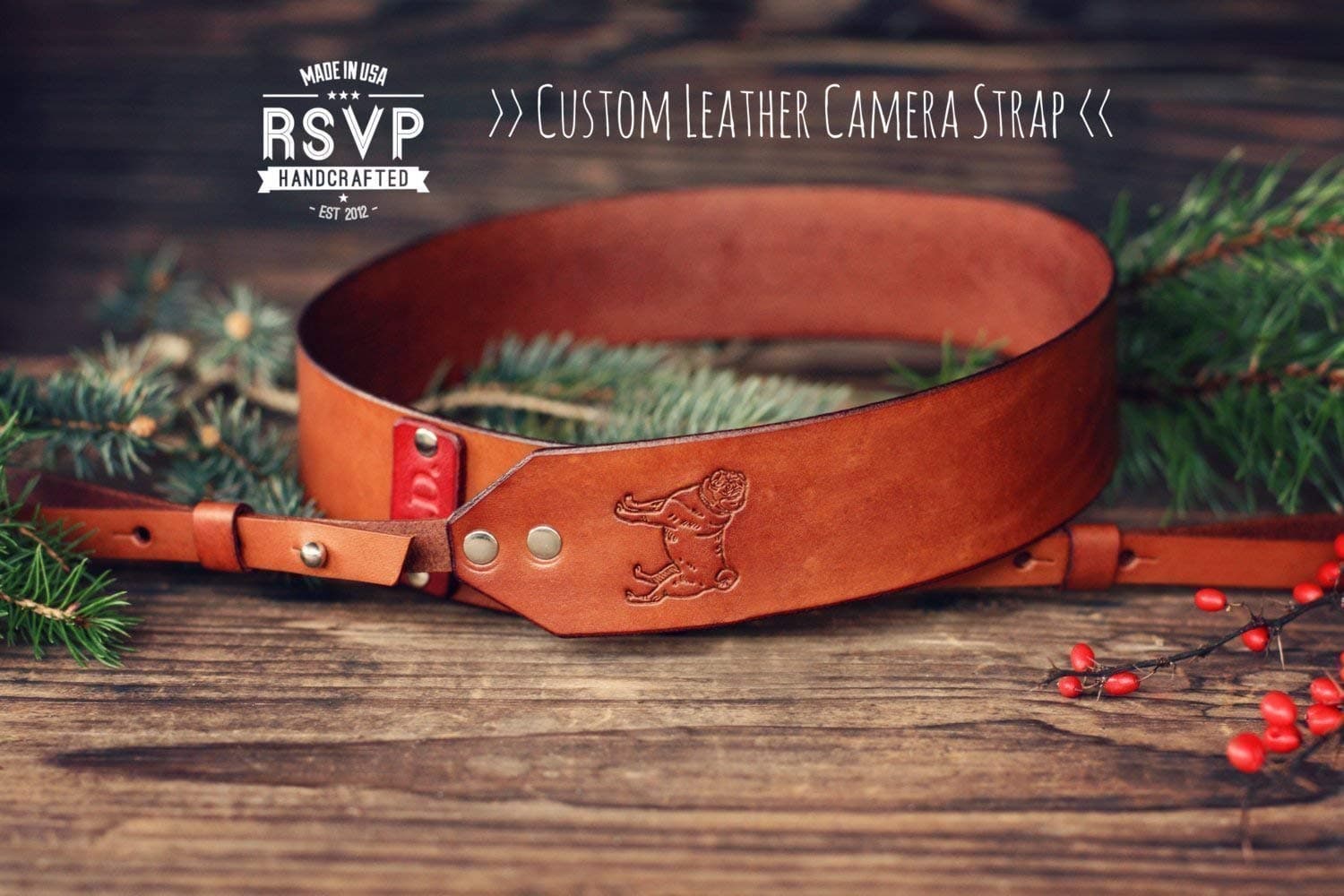 Custom Leather Camera Strap, Handmade personalized gift, Pug, dog, hand stitched, Custom name, initials, neck strap, DSLR, shoulder strap