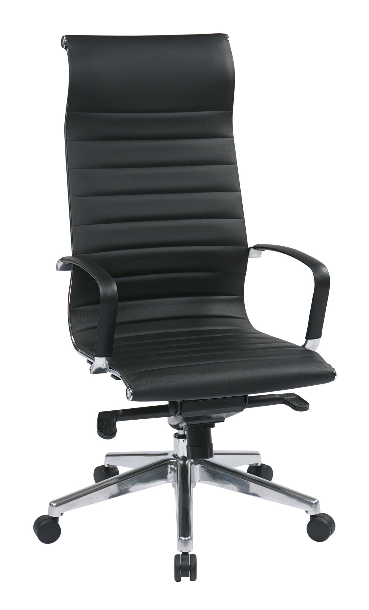 Office Star High Back Eco Leather Seat and Back, Built-In Headrest, Mid Pivot Knee Tilt Control and Polished Aluminum Arms and Base Executive Chair, Black