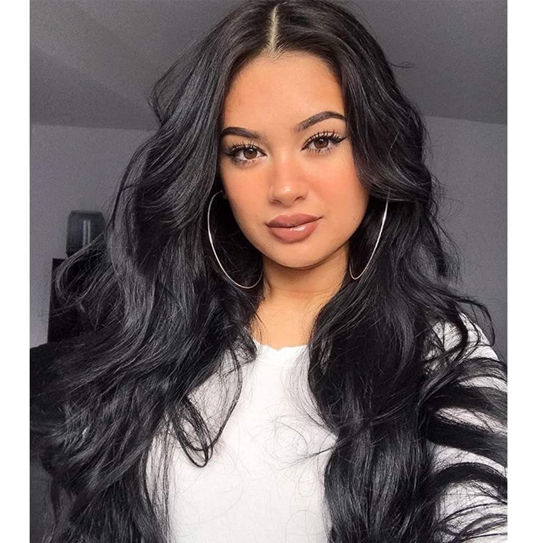 Long Black Wig for Women, ATAYOU Long Curly Black Lace Front Wig with Small Lace Middle Parts Heat Resistant Natural Looking Black Wig 24 Inches (Black 583)