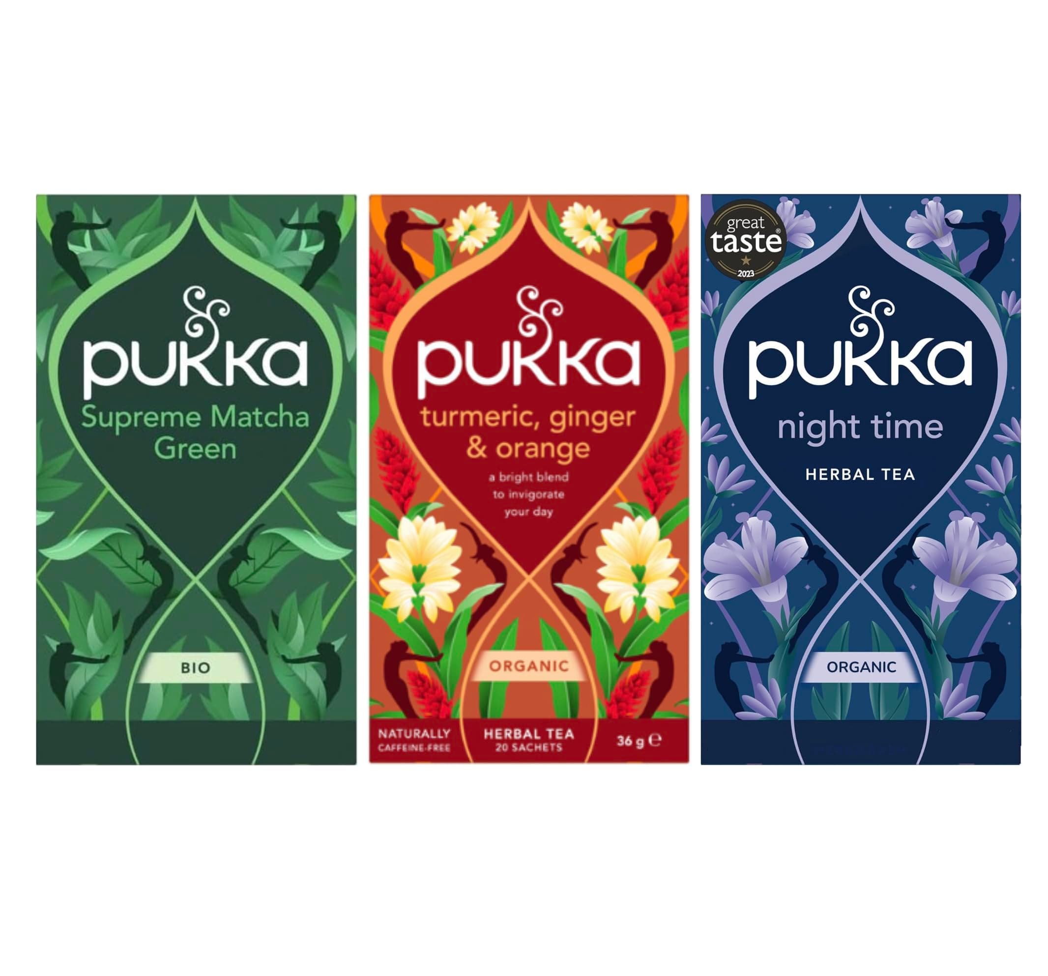 Tea for Morning to Night - Supreme Matcha Green, Turmeric Ginger & Orange & Night Time - Bundle of 3 boxes, 20 Sachets of Each