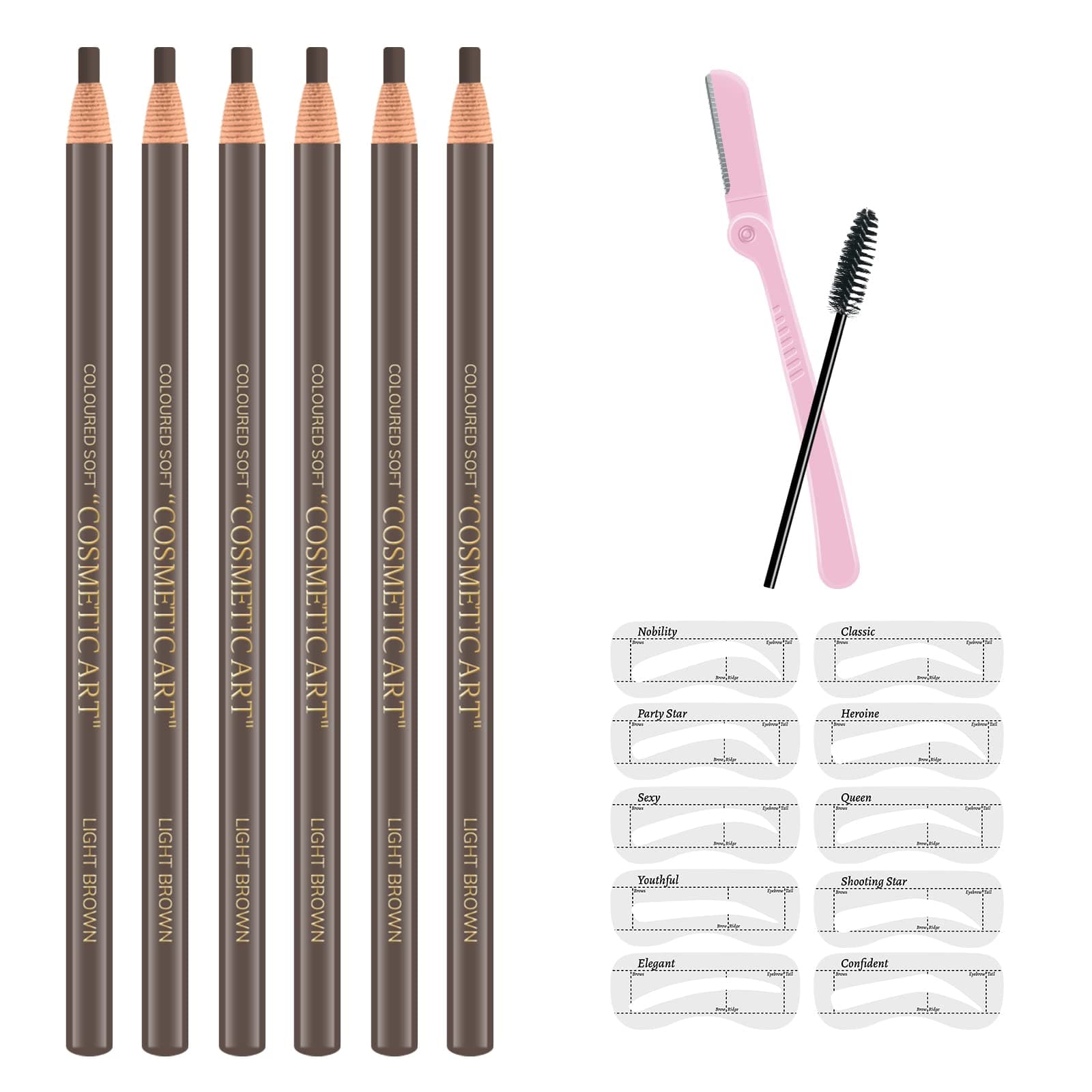 Ownest 6 Pcs Pull Cord Peel-off Eyebrow Pencil Tattoo Makeup and Microblading Supplies Set for Marking, Filling and Outlining, Waterproof and Durable Permanent Eyebrow Liner-Light Brown