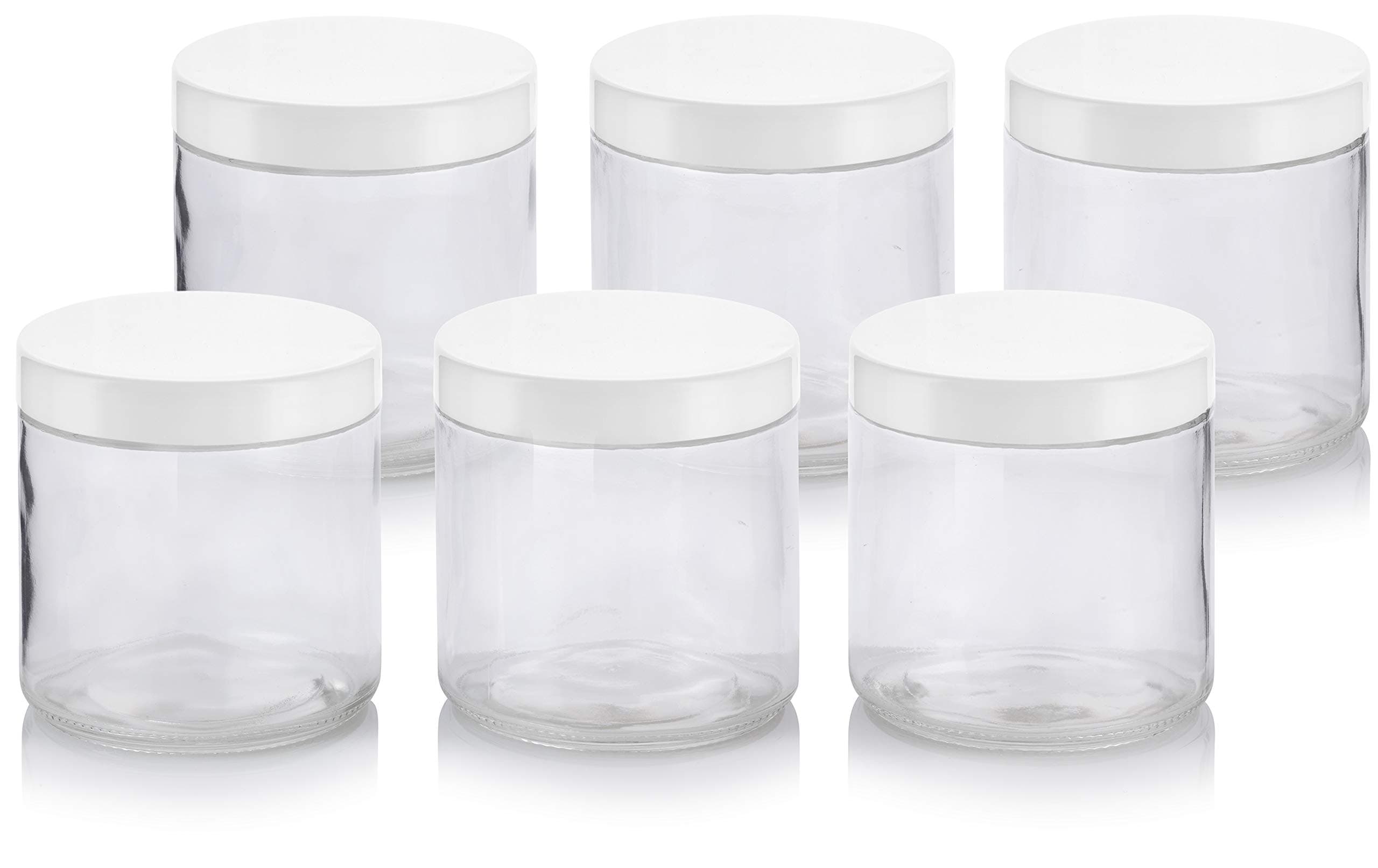 JUVITUS 16 oz Large Clear Thick Glass Jar with White Foam Lined Lid (6 pack)