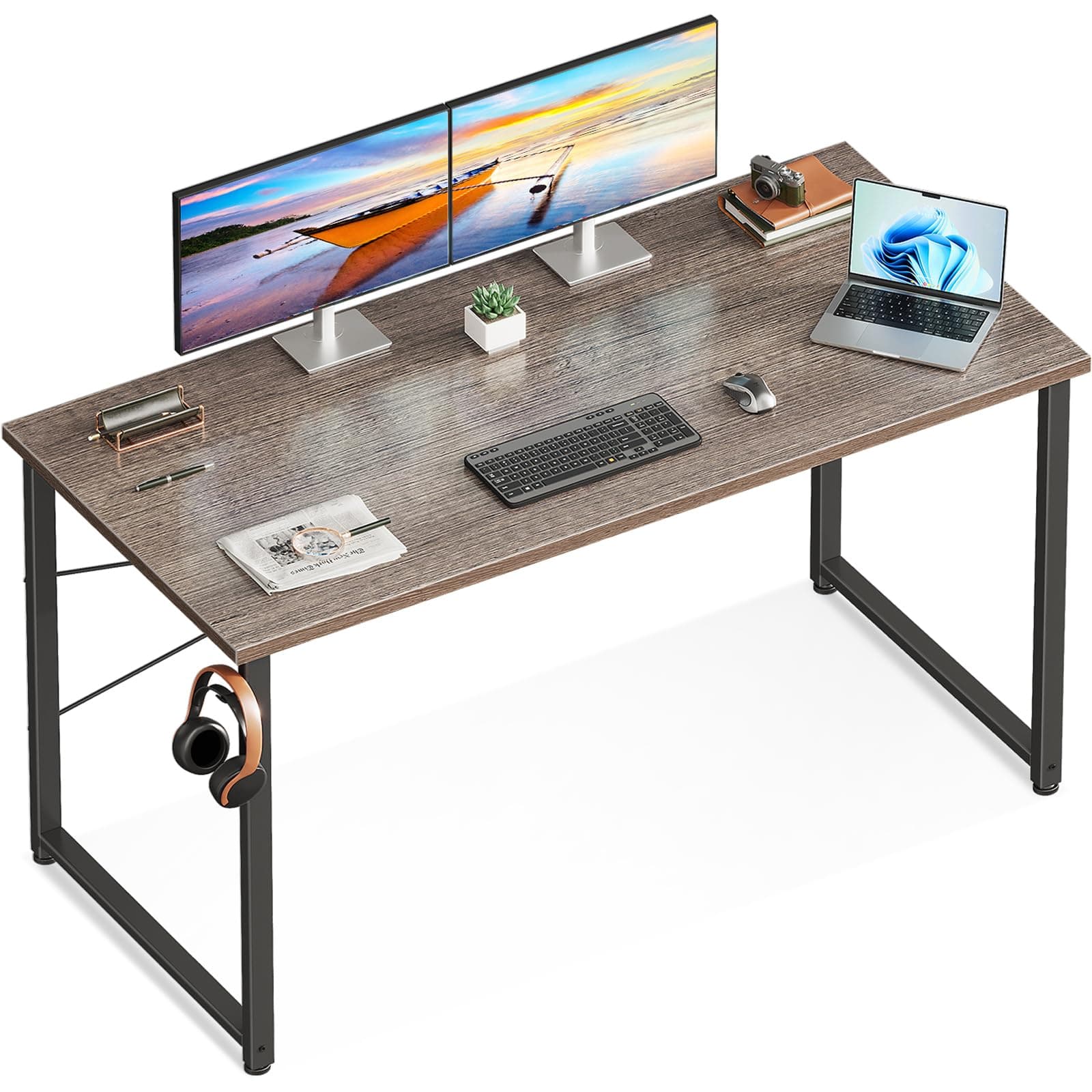 Casaottima 48 Inch Small Computer Desk for Home Office, Study Writing Table for Small Spaces, Simple Modern Desk with Headphone Hooks, Grey Oak