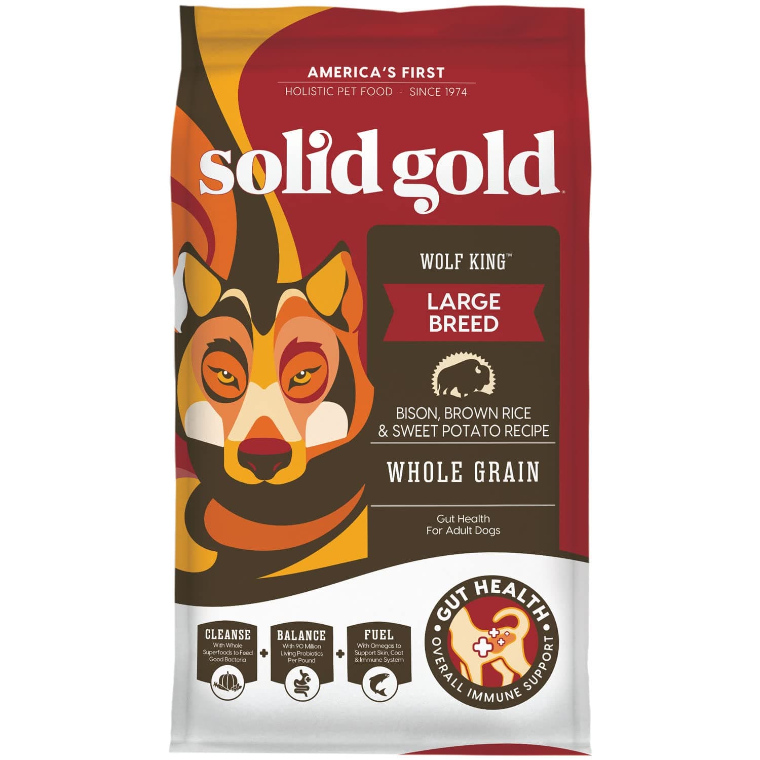 Solid Gold Wolf King Large Breed Dog Food - Whole Grain Dry Dog Food Kibble Made with Real Bison, Brown Rice & Sweet Potato - Omega 3, Superfood & Digestive Probiotics - 12 LB Bag