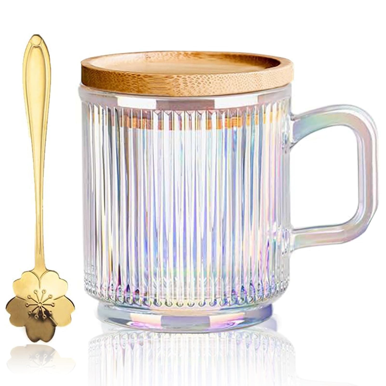 Yalucky Clear Iridescent Glass Mug with lid and Cherry Blossoms Spoon, Tea Mugs Coffee Glass Cup, Pretty Mug for Milk Latte Chocolate Juice Water for Women Men Birthday Christmas (White)