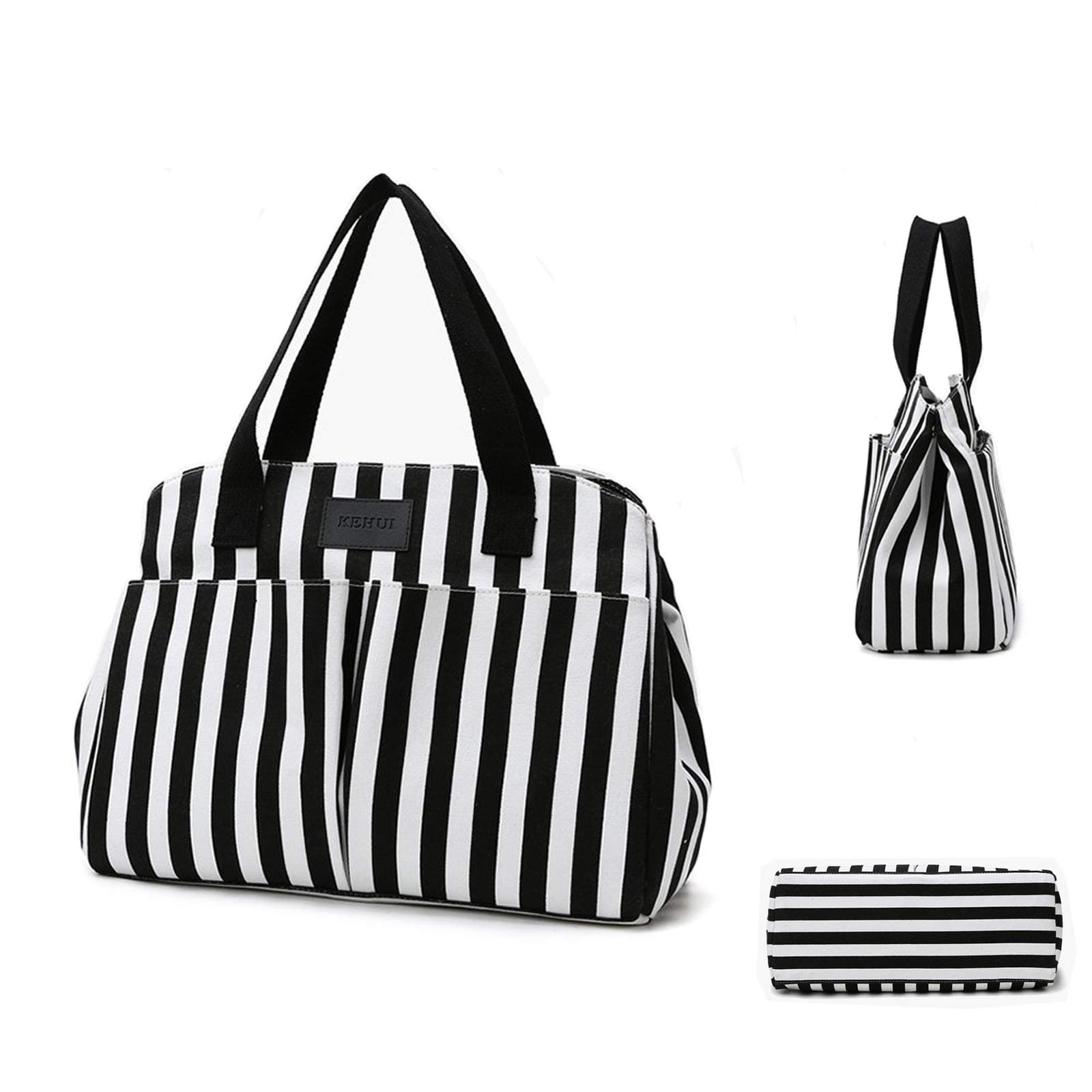 Amoued Multi Function Baby Diaper Bag,Fashion Striped Black & White Design with Many Pockets, for Mom and Dad Convertible Travel Baby Bag