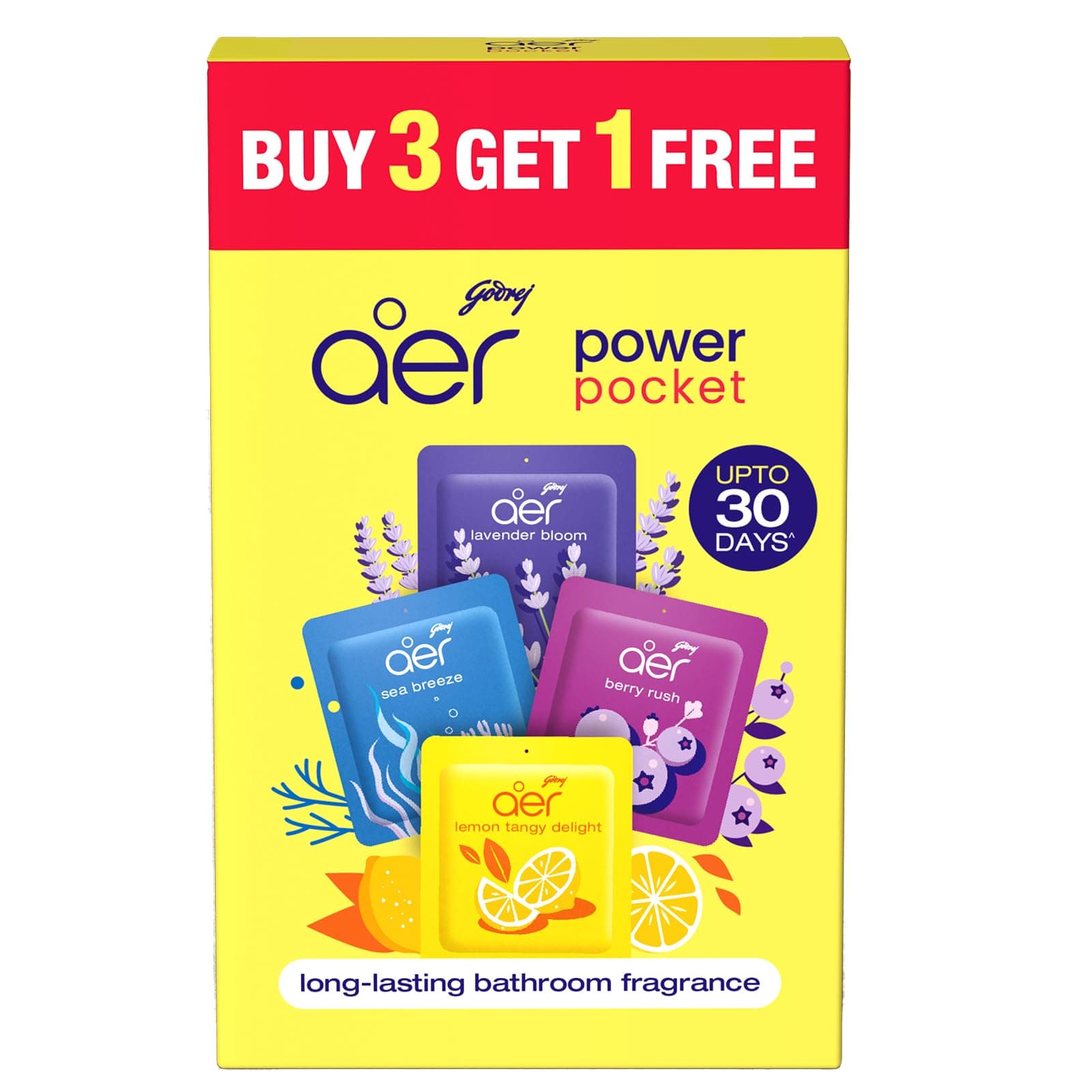 Godrej aer Power Pocket | Bathroom Freshener Assorted Pack Of 4 (40G) | Lasts Up To 30 Days | Toilet Freshener
