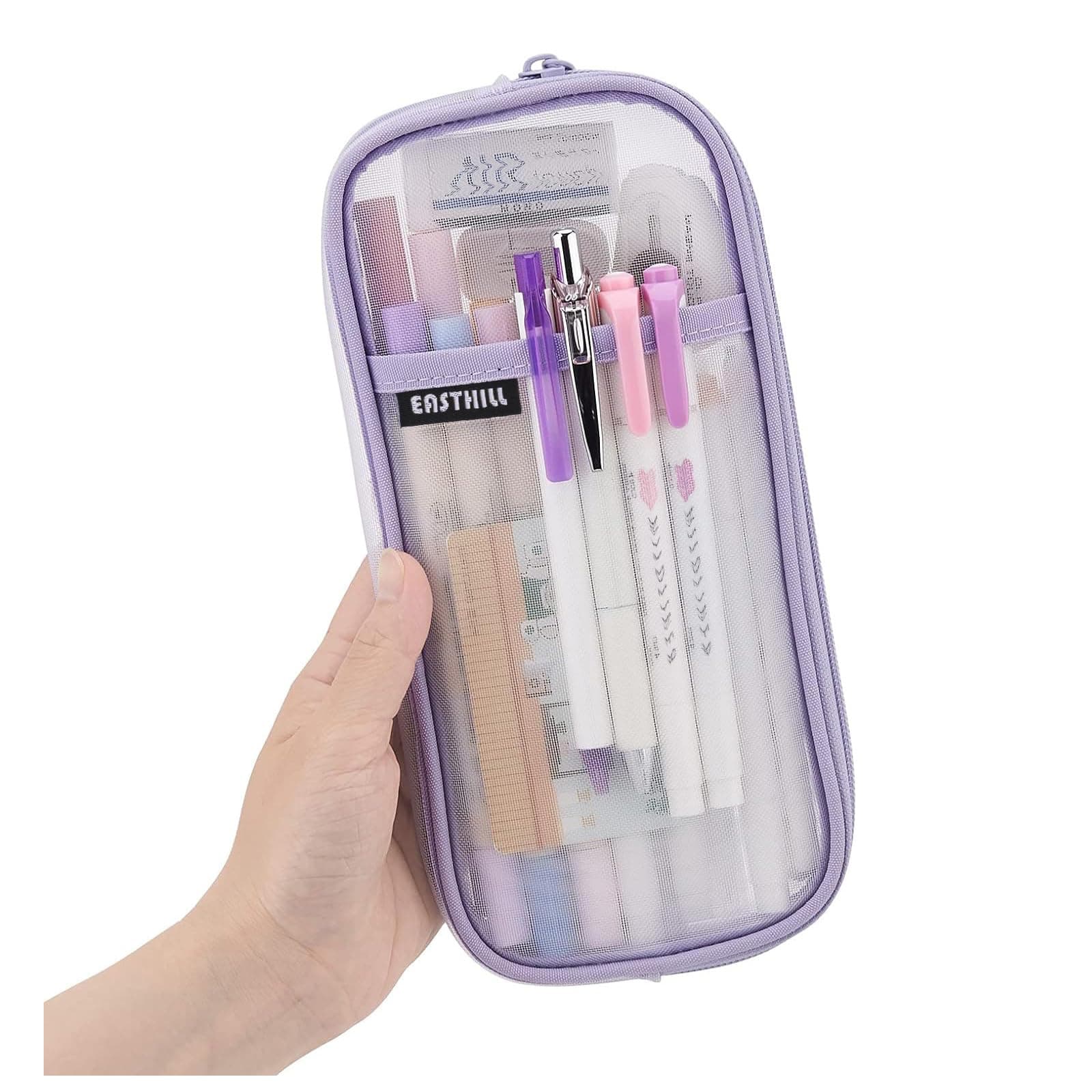 EASTHILL Grid Mesh Pen Pencil Case with Zipper Clear Makeup Color Pouch Cosmetics Bag Multi-Purpose Travel School Teen Girls Transparent Stationary Bag Office Organizer Box for Adluts-Purple