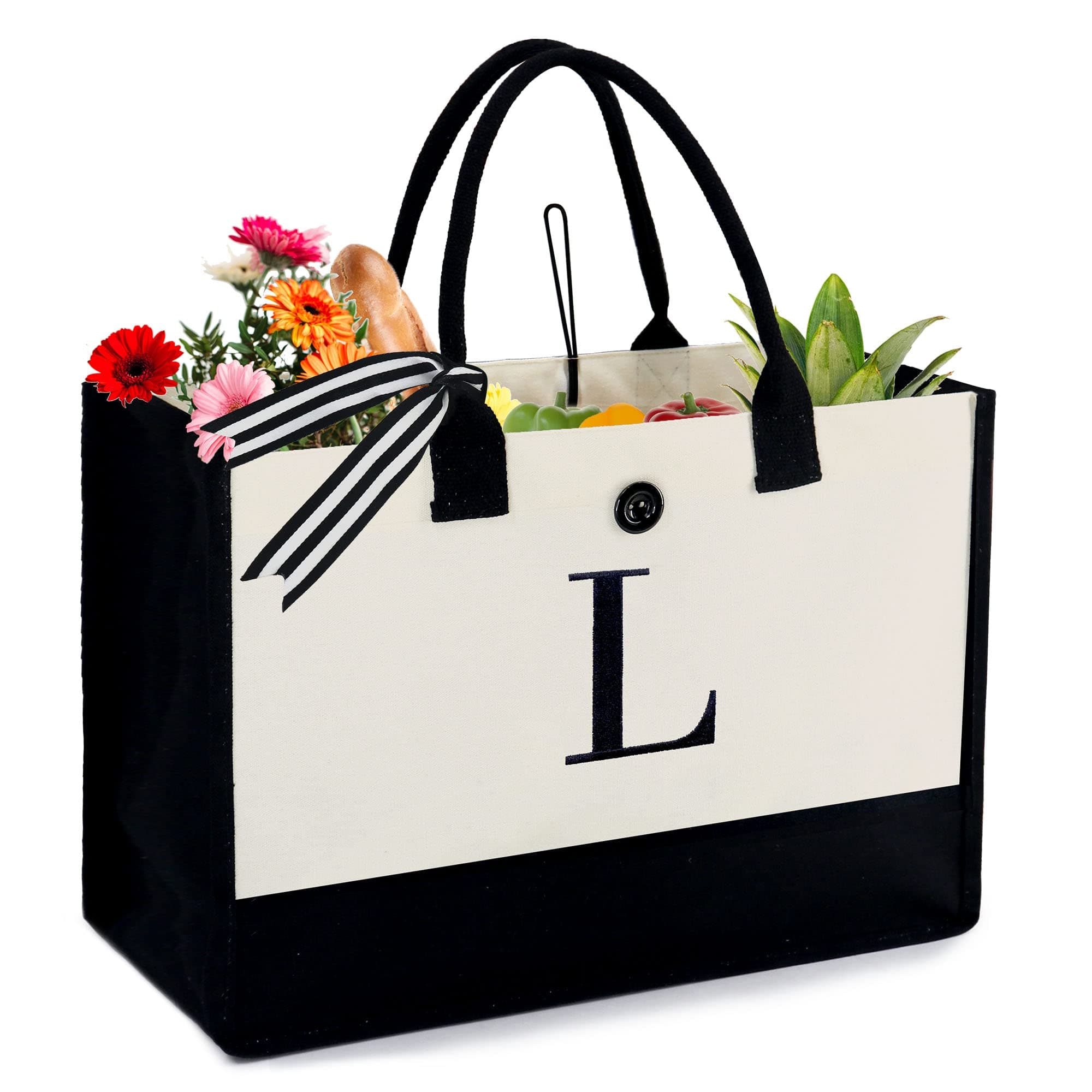 BeeGreenMonogrammed Gifts for Women Initial Canvas Tote Embroidery Gift for Her Moms Teachers Hostess Sisters Presents for Work Weekend Travel Holiday Relaxation Large Everything Tote Bag L