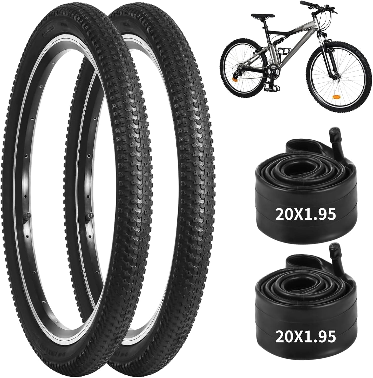 yeesport 2 PCS 20x1.95” Mountain Bike Tires & 2 PCS 20” X 1.75”-2.125” Bike Tubes, 20 Inch Tire & Inner Tubes, Puncture-Resistant Bicycle Tires, Bike Replacement for Beach Cruiser Mountain Bikes