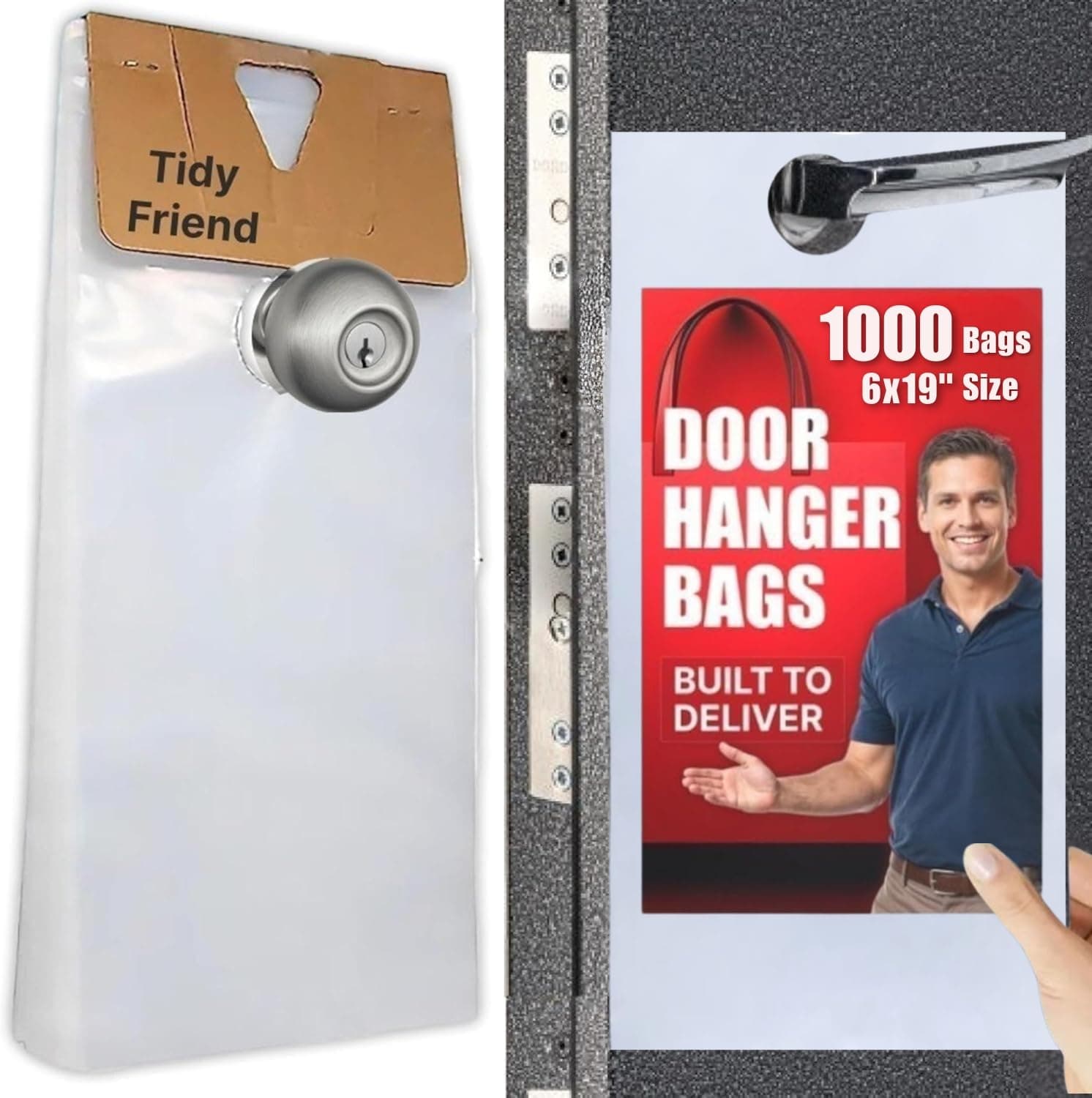 TidyFriend Plastic Door Hanger Bags 6” x 19” (1000 Pack), Clear Door Hanger Bags Protects Flyers, Brochures, Printed Materials - Waterproof and Secure for Outdoor Use