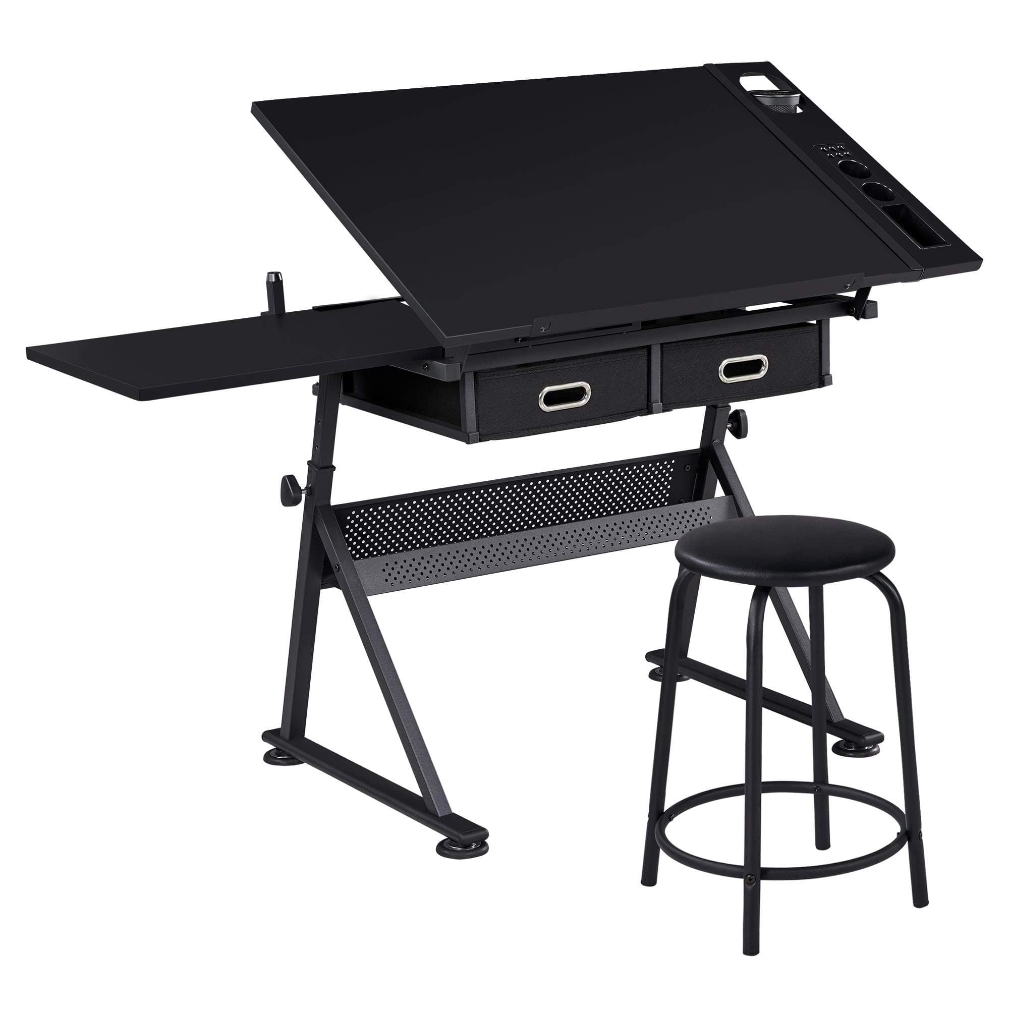 Yaheetech Drafting Table for Artists, Height Adjustable Drawing Desk Art/Craft Desk Diamond Paintings Work Station w/ 2 Storage Drawers and Stool for Home Office School, Black