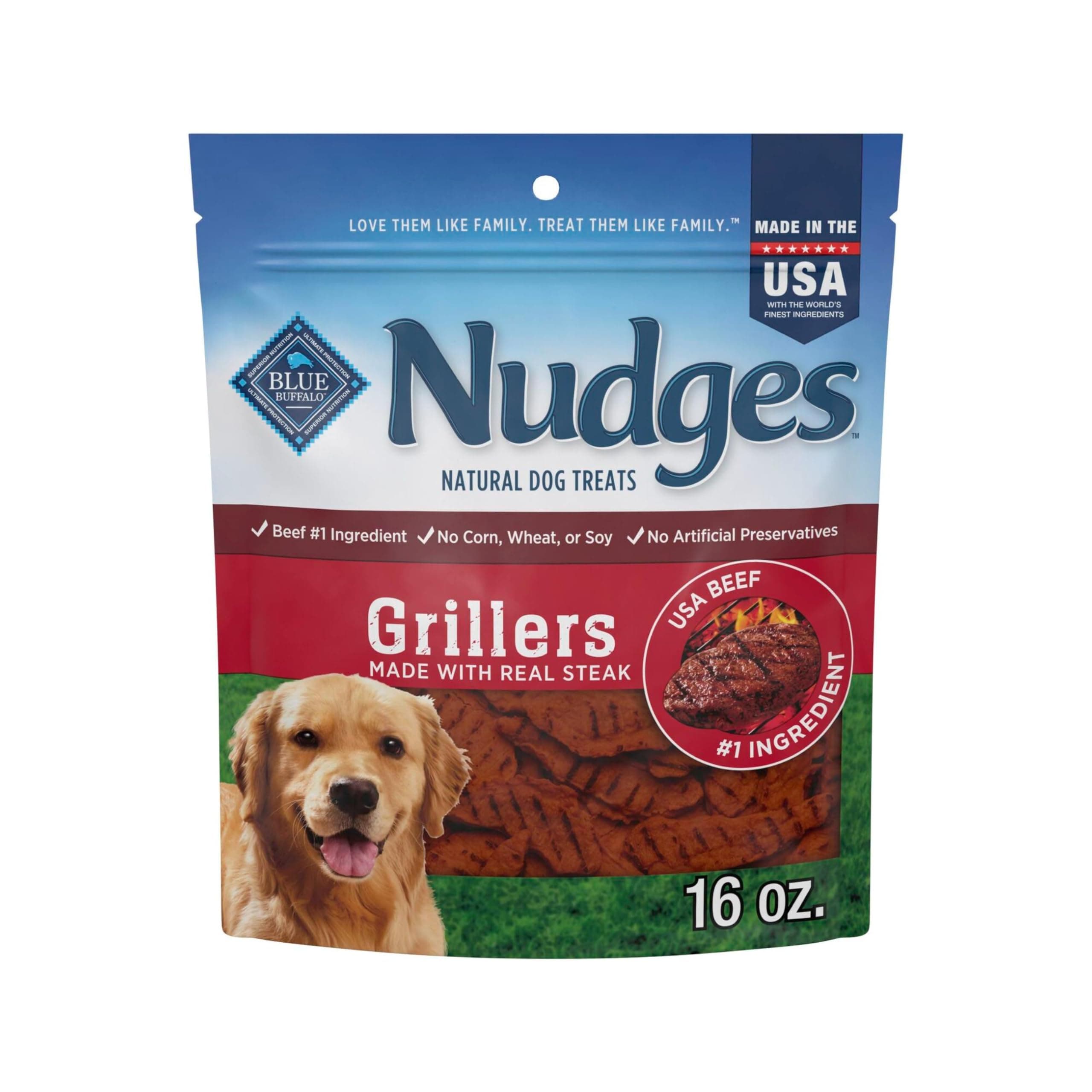 Blue Buffalo Nudges Grillers Natural Dog Treats, Made in the USA with Real Steak, 16-oz Bag