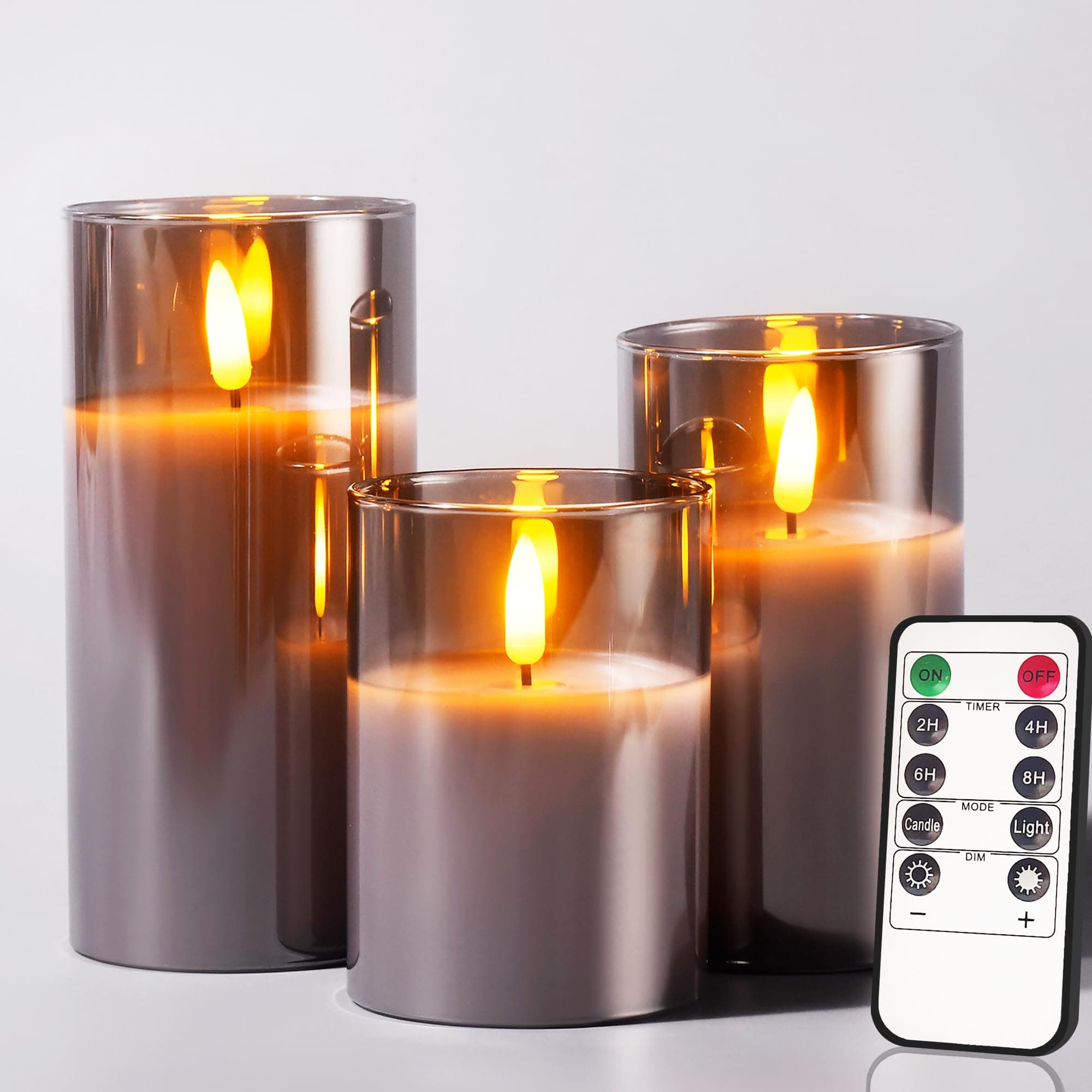 Glass Battery Operated LED Flameless Candles with Remote and Timer, Real Wax Candles Warm Color Flickering Light for Festival Wedding Home Party Decor(Pack of 3)-Grey
