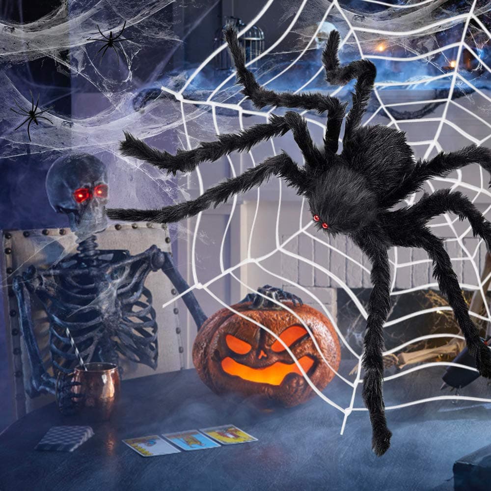 Scientoy Halloween Spider, 4.9 FT Giant Spider Halloween Decoration with Round Spider Web & Stretch Cobweb, Scary Fake Hairy Spider Props for Halloween Decorations Outdoor Indoor Yard
