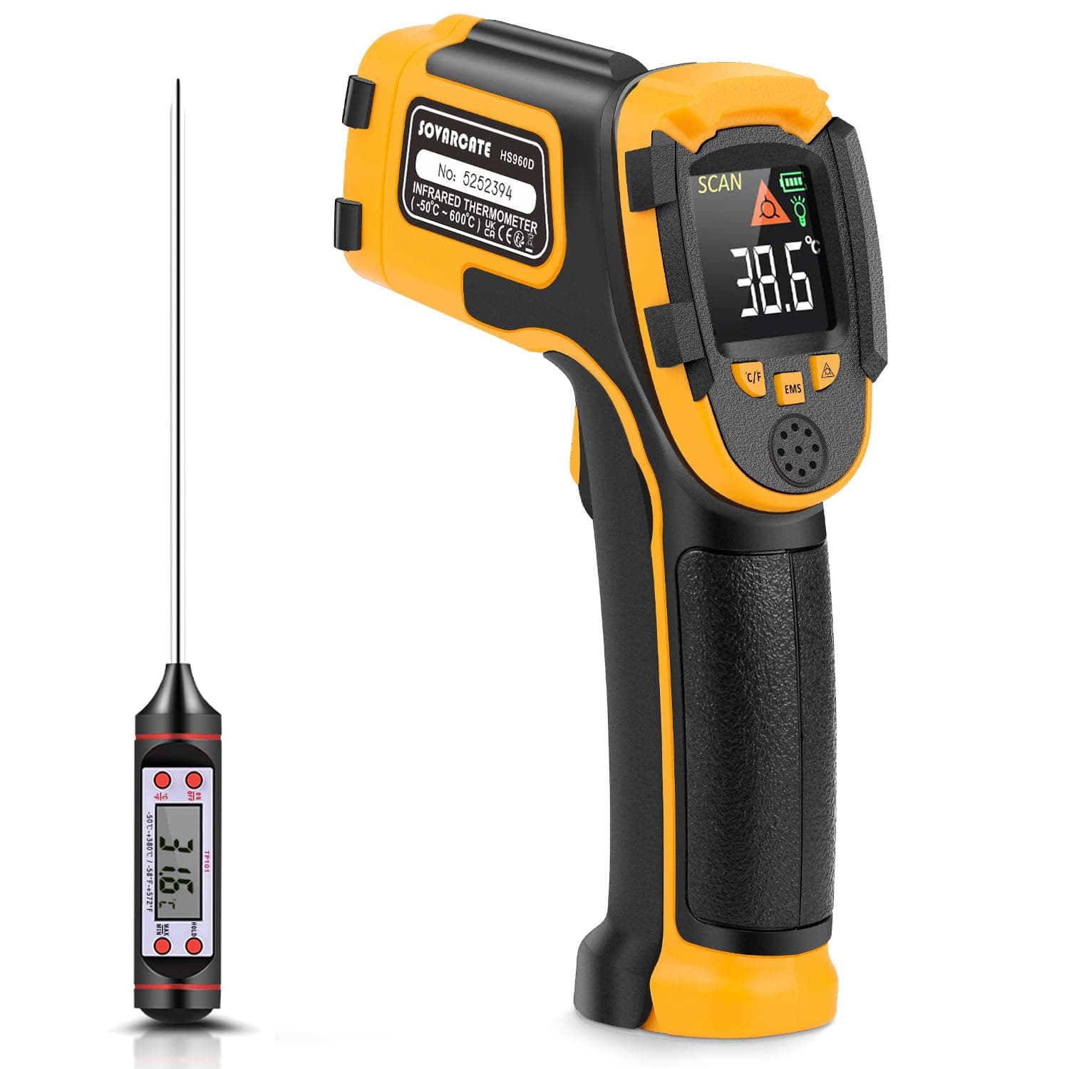 Infrared Thermometer -58℉～1112℉(-50℃～600℃) Non-Contact Laser Temperature Gun Digital Adjustable Emissivity IR Temp Gun - for Cooking, BBQ, Food, Fridge, Pizza Oven, Engine - Meat Thermometer Included