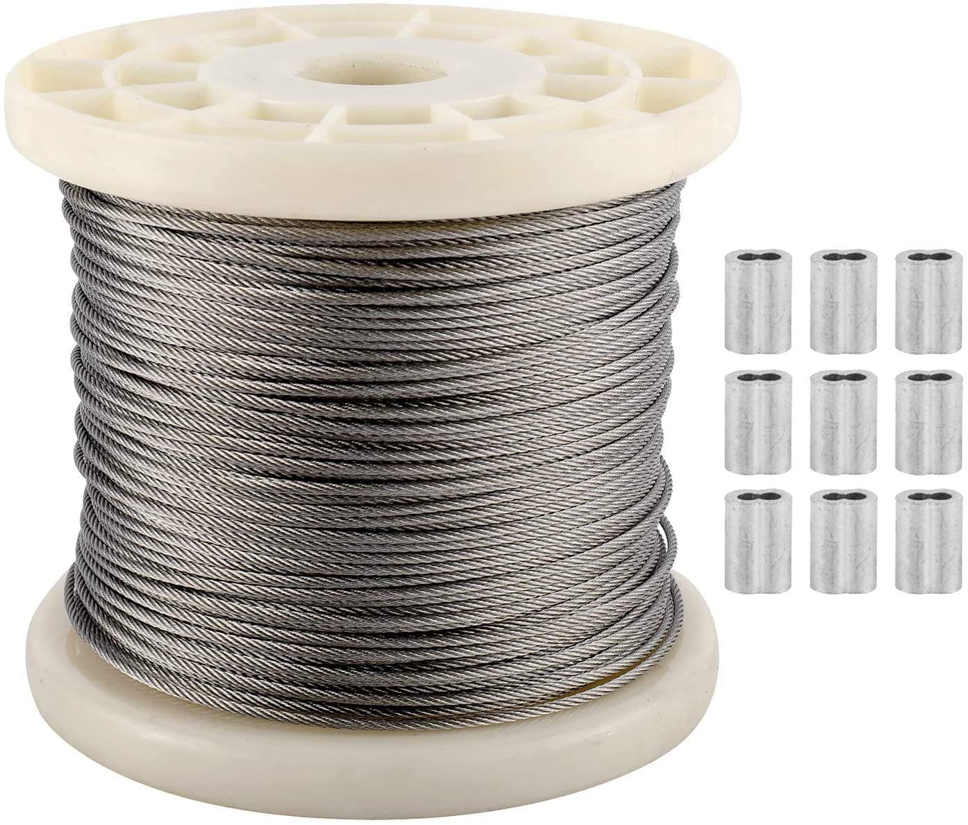 1/16" Wire Rope, 304 Stainless Steel Wire Cable, 328ft Length Aircraft Cable, 7x7 Strand Core, 368 lbs Breaking Strength with 100 Pcs Cable Ferrule