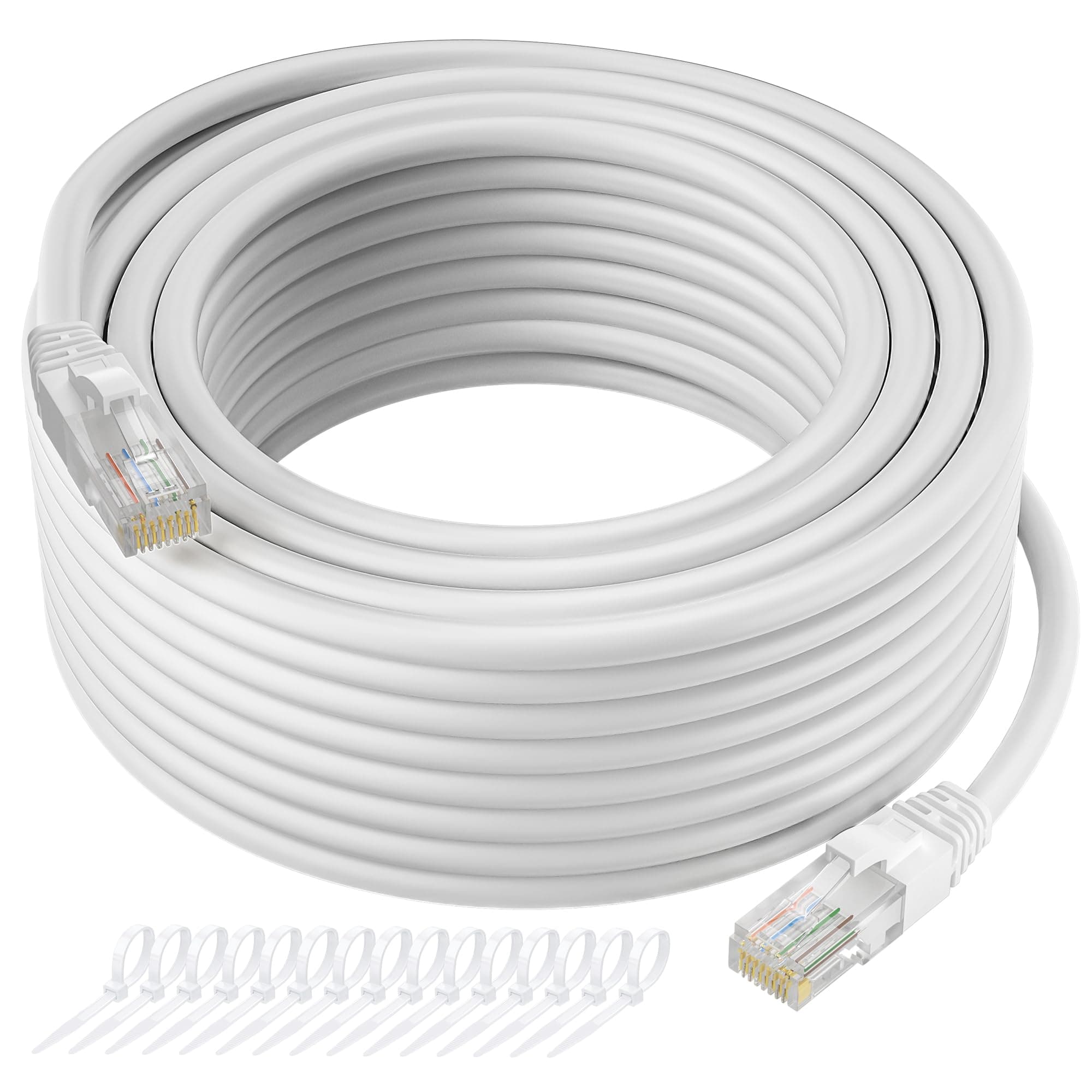 Cat5e Ethernet Patch Cable 50ft Snagless RJ45 Computer LAN Network Internet Cord White Cable 1.0Gbps 350MHz UTP CCA 24AWG with 15 Cable Ties