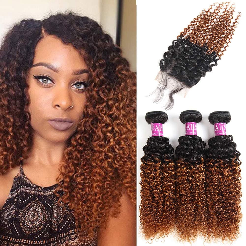 Alisfeel Hair 8A Grade Ombre Brazilian Curly Hair 3 Bundles with Closure Color 1B to 30 Brazilian Virgin Hair Kinky Curly with Free Part Lace Closure (14 16 18+12)