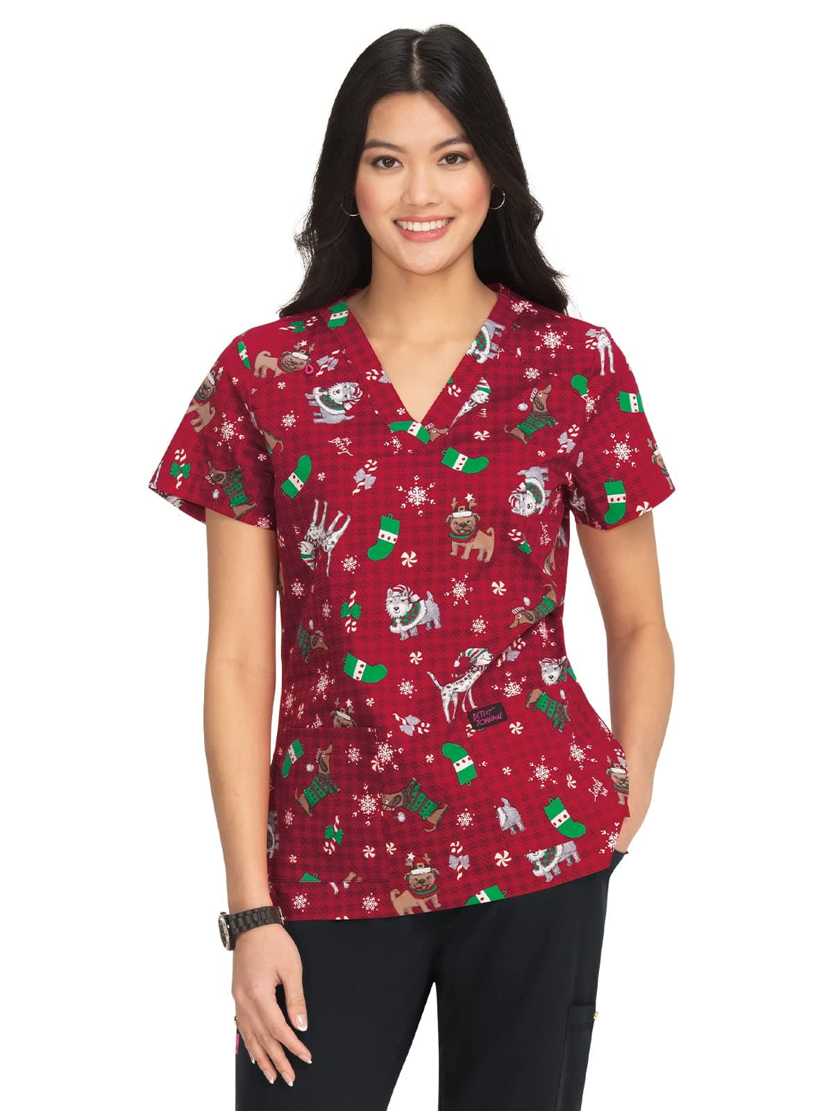 KOI Betsey Johnson B120PR Women's Bell Scrub Top Holly Jolly Puppies S
