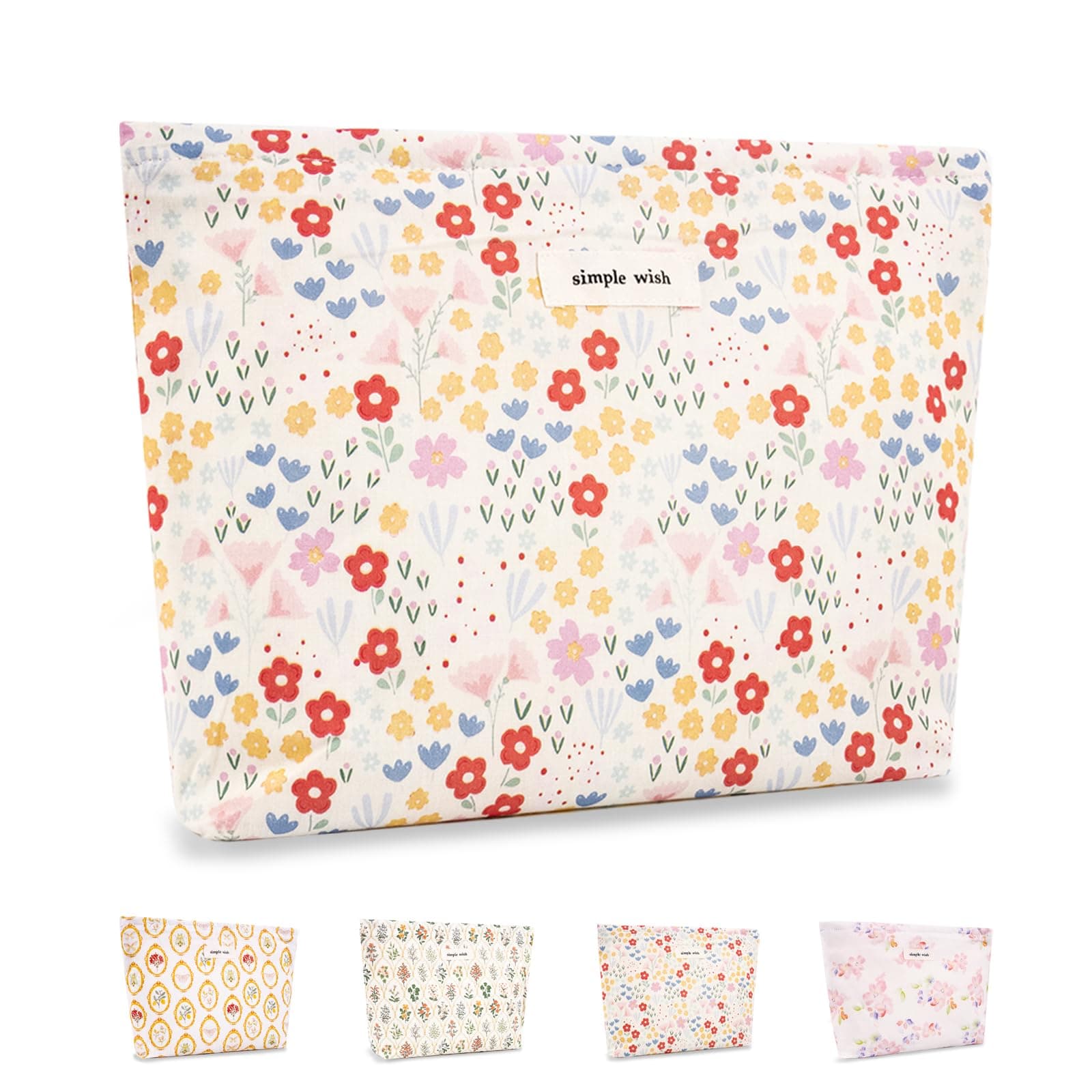 Small Floral Makeup Bag for Women&Girls,Cute Aesthetic Makeup Pouch Purse Zipper Cosmetic Bag for Travel,Large Capacity Canvas Make up Bag,Portable Makeup Organizer for Toiletries Accessories(Floral-red-pink)