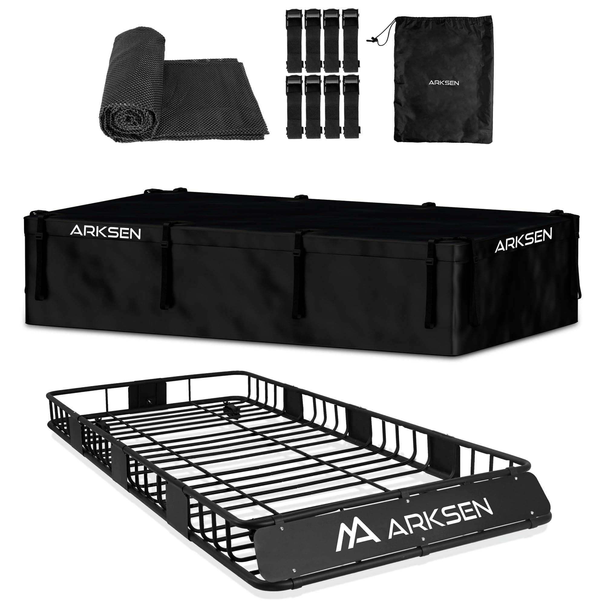 ARKSEN 84 x 39 x 6 Inch Universal 150LB Heavy Duty Roof Rack Cargo with 500D PVC Waterproof Cargo Bag, Top Luggage Holder Carrier Basket with Extension for SUV, Truck, & Car Steel Construction