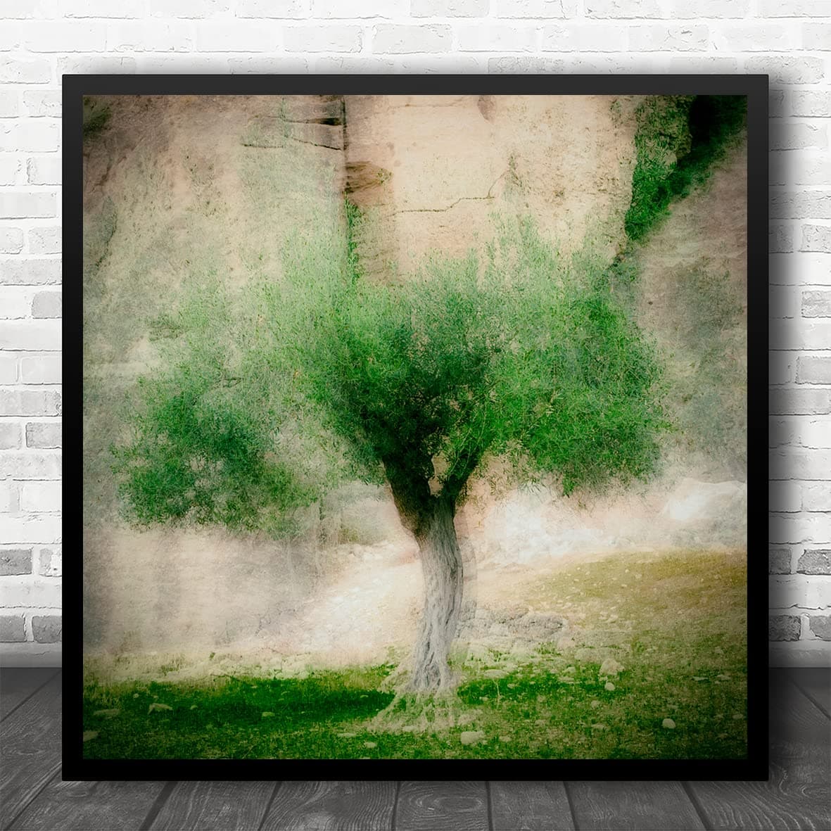 Fingerprint Designs Tree Lonely Landscape Olive Green Blurry Nature Square Wall Art Print