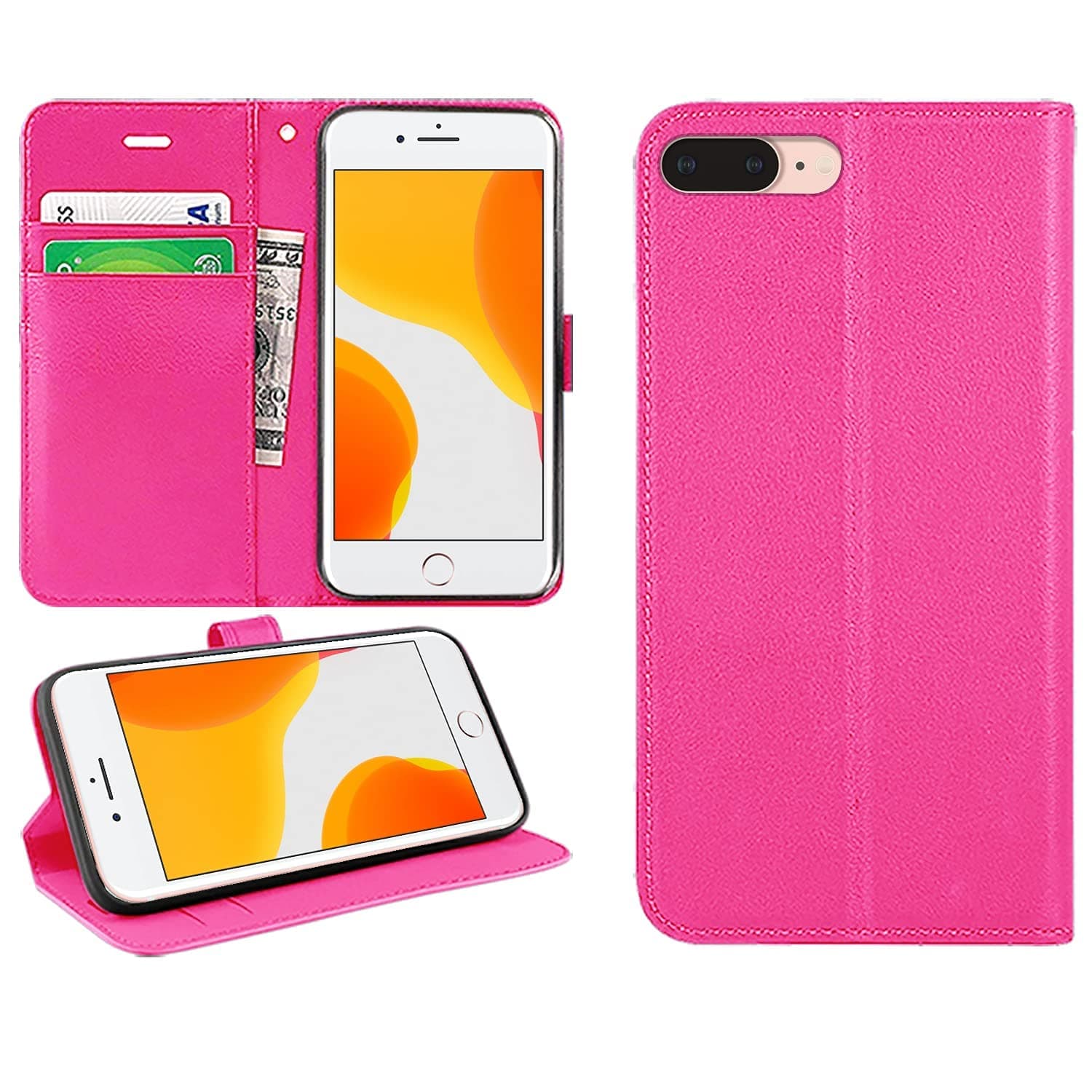 DN-Technology iPhone 7 Plus Case, iPhone 8 Plus Case, Flip Folio PU Leather Book Phone Cover, Wallet Stand Feature Magnetic Closure ID Card Holder Slots, For iPhone 7+/8+ Cover (PINK)