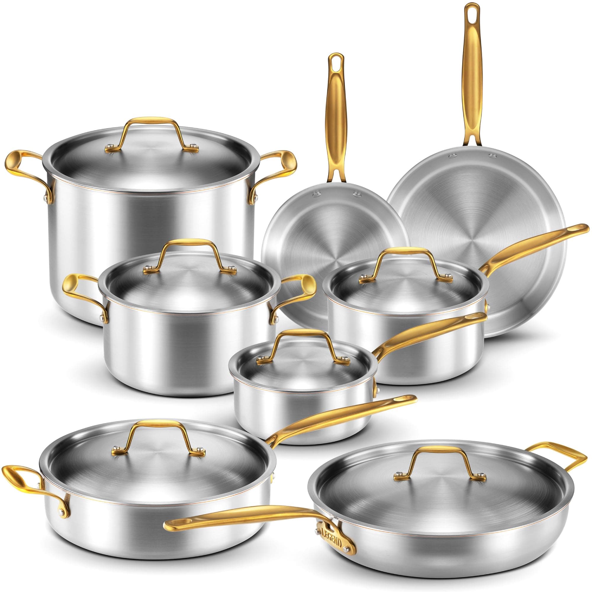 LEGEND COOKWARE Stainless Steel 5-Ply Copper Core | 14-Piece Set | Professional Home Chef Grade Clad Pots and Pans Sets | All Surface, Induction & Oven Safe | Premium Cooking Gifts for Men & Women