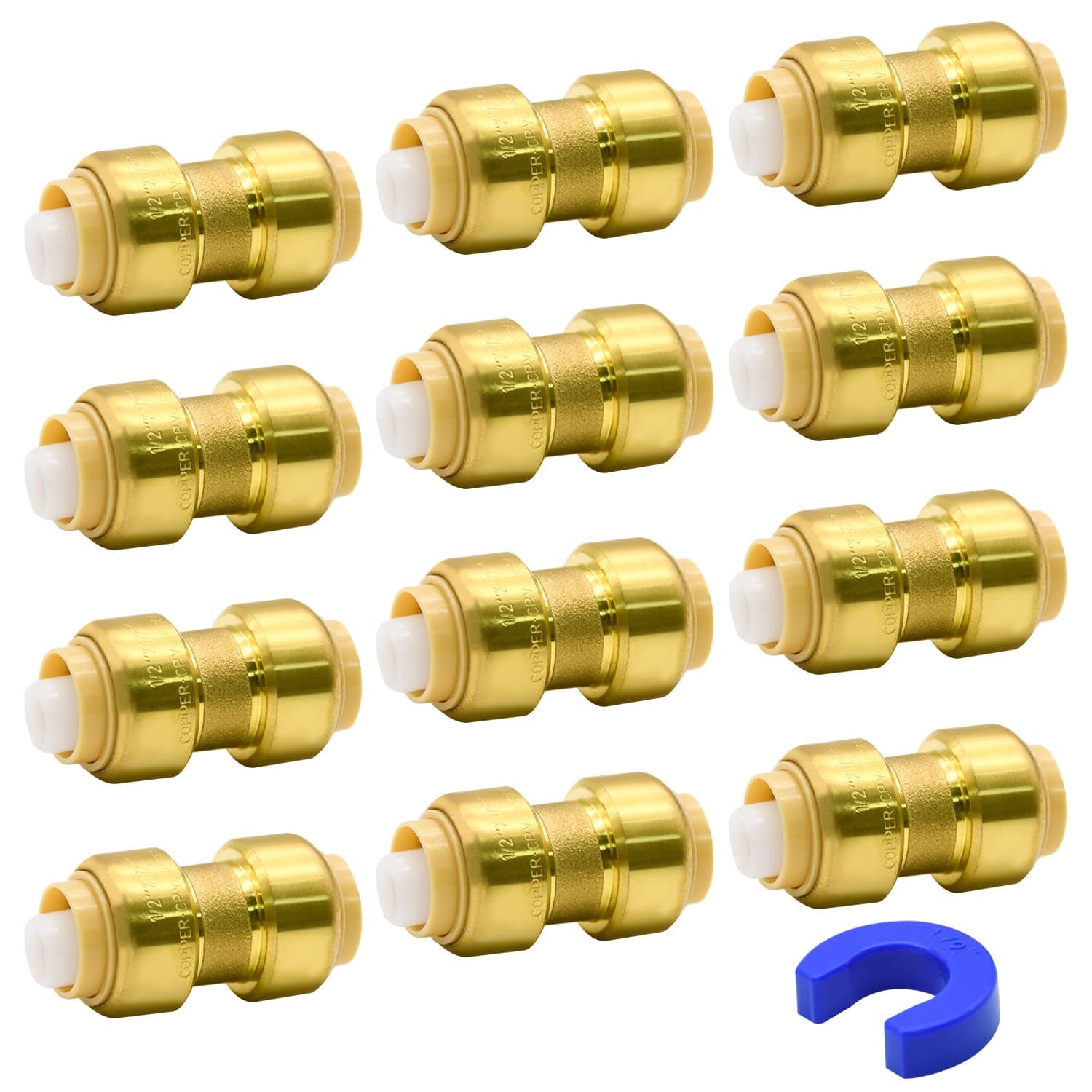 12 Pack 1/2” Push-to-Connect Plumbing Fittings, Pushfit Straight Coupling Plumbing Fittings with Disconnect Clip for Copper, PEX, CPVC Pipe