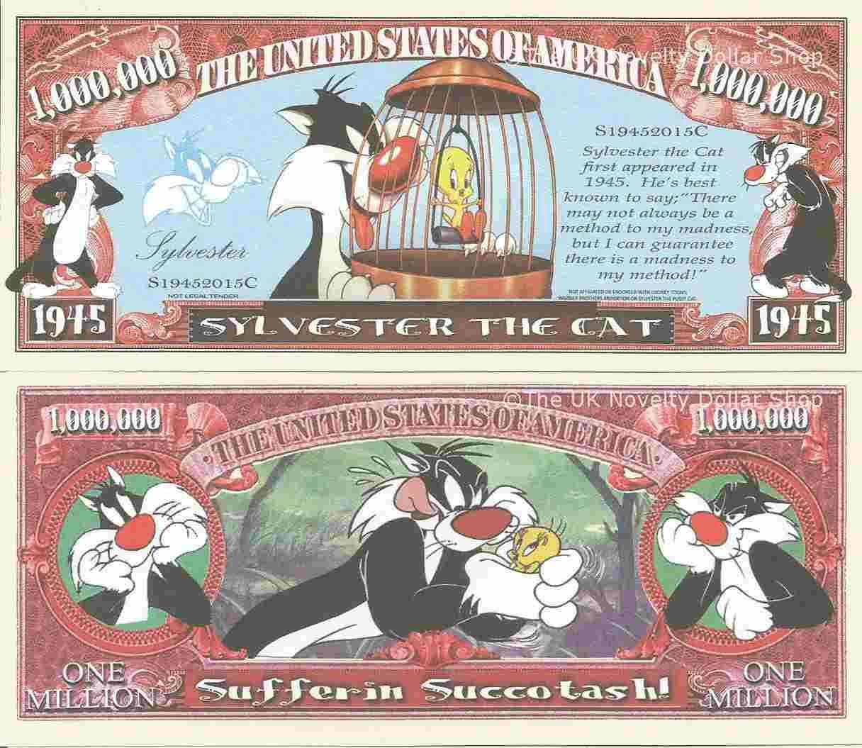 Sylvester The Cat Cartoon Character Million Dollar Bills x 2 Tweetie Pie Tweety