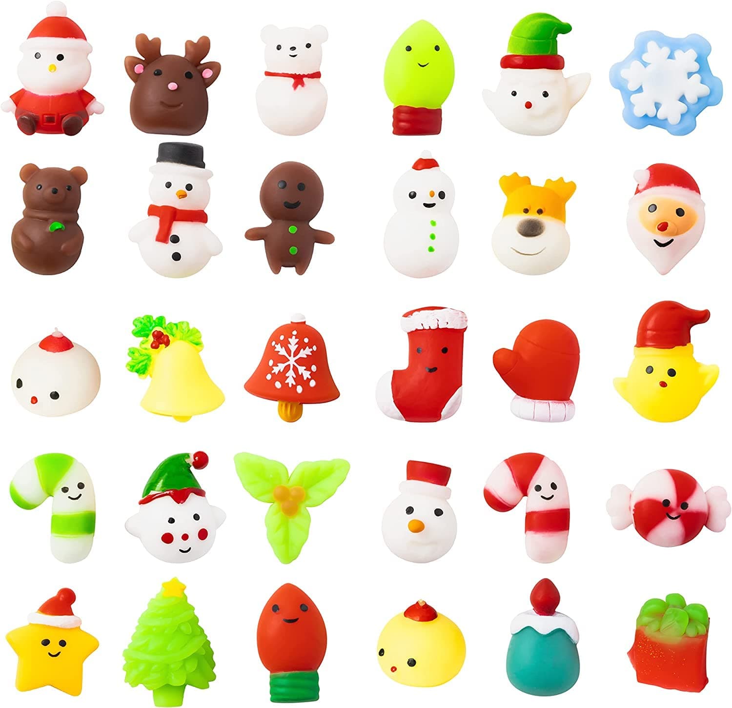 Haooryx30PCS Christmas Mochi Squeeze Toys Kawaii Snawman Candy Santa Animal Squeeze Stress Toys MIni Squishy Party Favor for Kid Christmas Classroom Prize Decoration Treat Bags Gift Stocking Stuffers