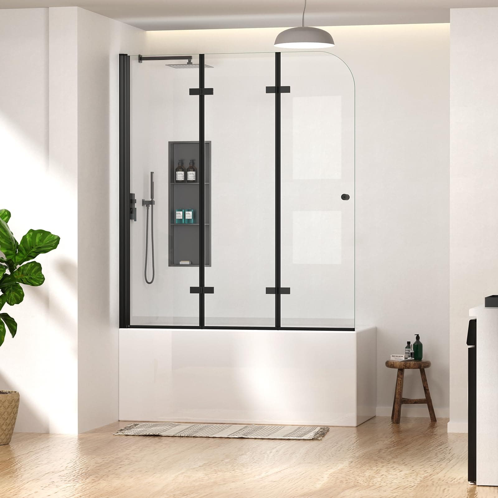 51" W x 58" H Bathtub Shower Door, Tri-Fold Shower Glass Screen, Framedless Shower Door 1/4" Tempered Glass with Explosion-Proof Film, Mate Black