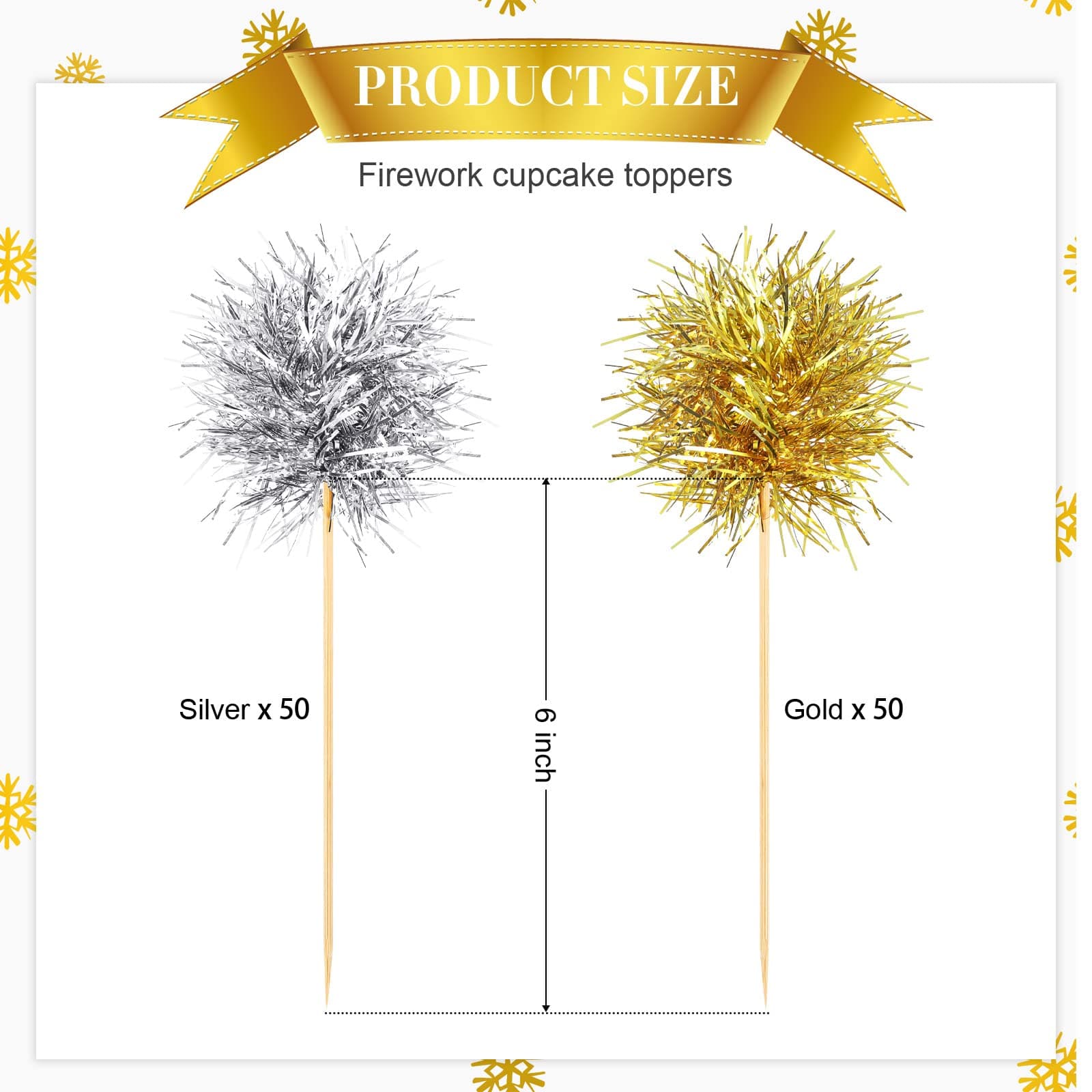 Chinco 100 Pcs Foil Firework Cupcake Toppers Gold and Silver Sparkle Tinsel Cake Toppers New Year Cake Decoration Cocktail Fruit Toothpick for Birthday Wedding Graduation Party