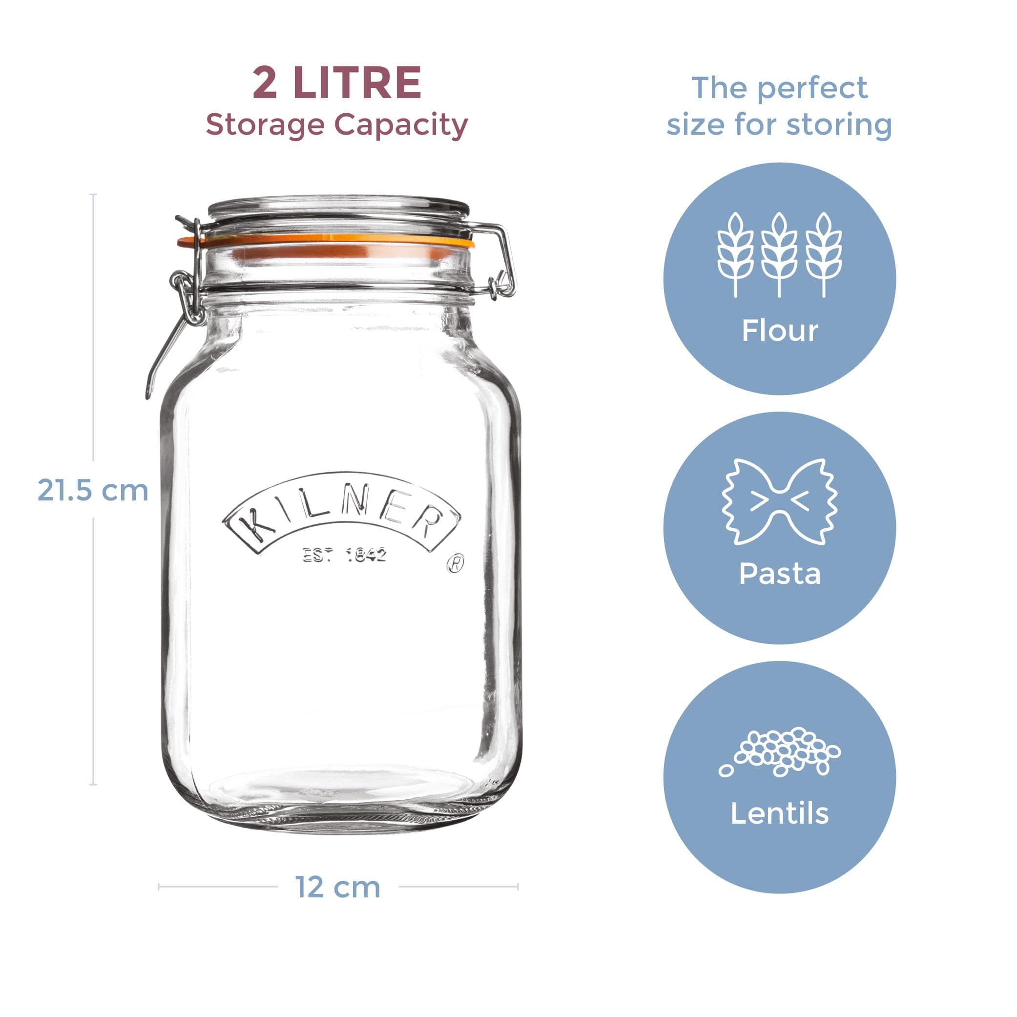 Kilner Square Glass Clip Top Preservation Storage Jar, 2 L